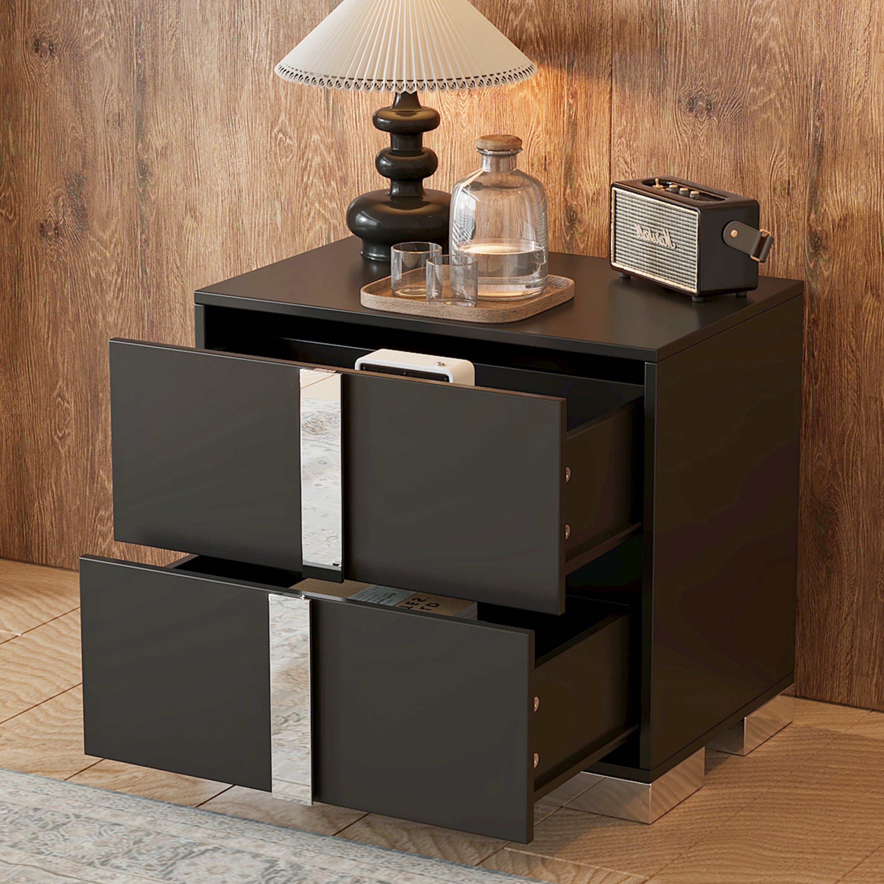 Black mirrored nightstand with 2 drawers, angled view