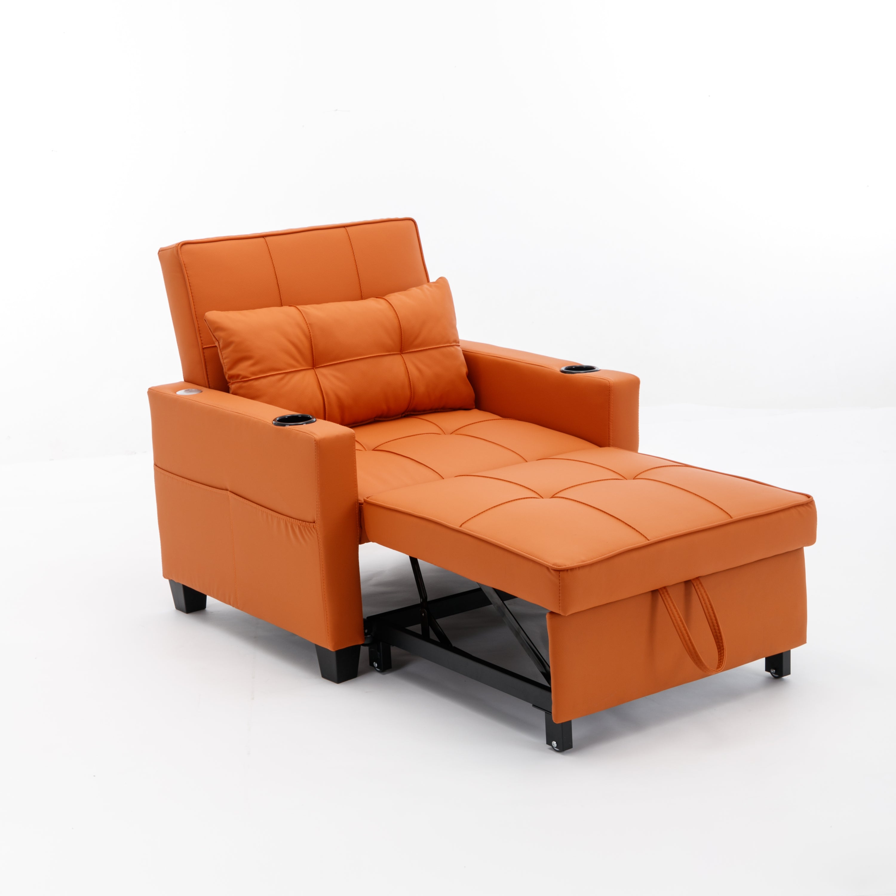 Futon Chair Bed Convertible Chair 3-in-1 Pull Out Sleeper Chair Beds with USB Ports,Wear-resistant and Anti-scratch,  Armchair Bed Sleeper for Living Room (Orange Leather)