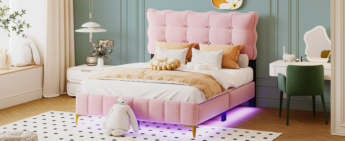 Full Size Velvet Platform Bed with LED Frame and Stylish Mental Bed Legs, Pink