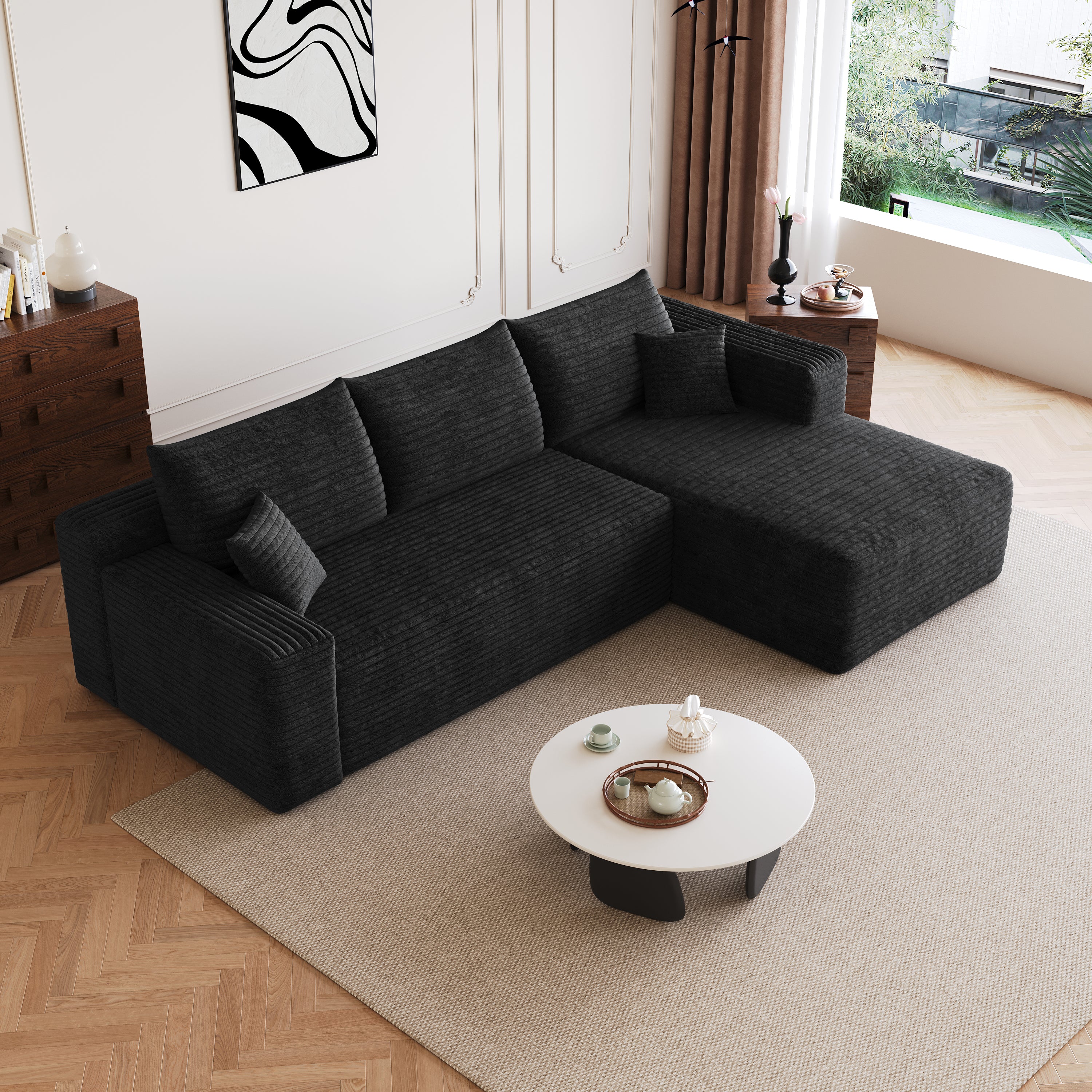 Black corduroy minimalist U-shaped sectional sofa, overhead view