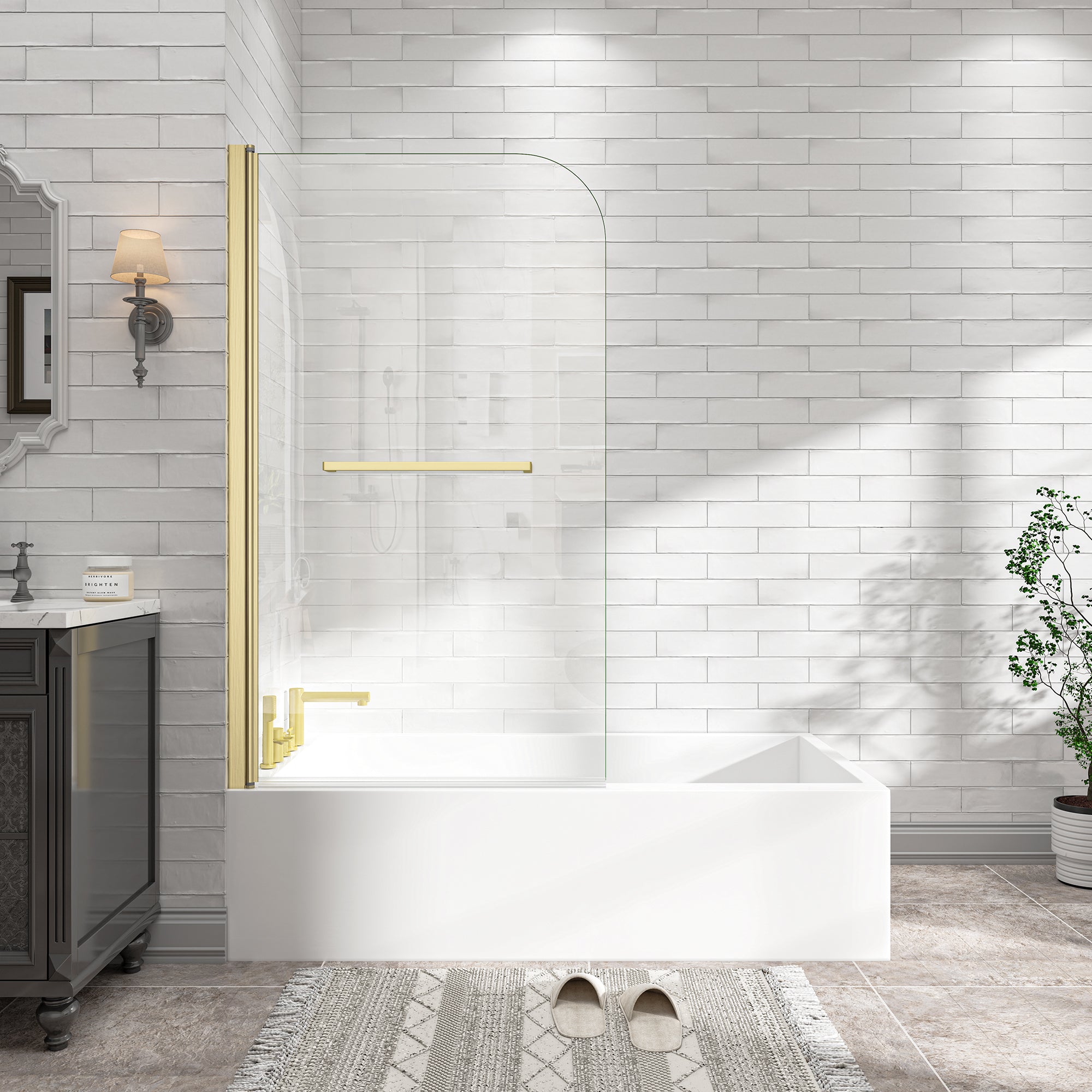 Brushed gold 31-32 in. frameless pivot bathtub screen