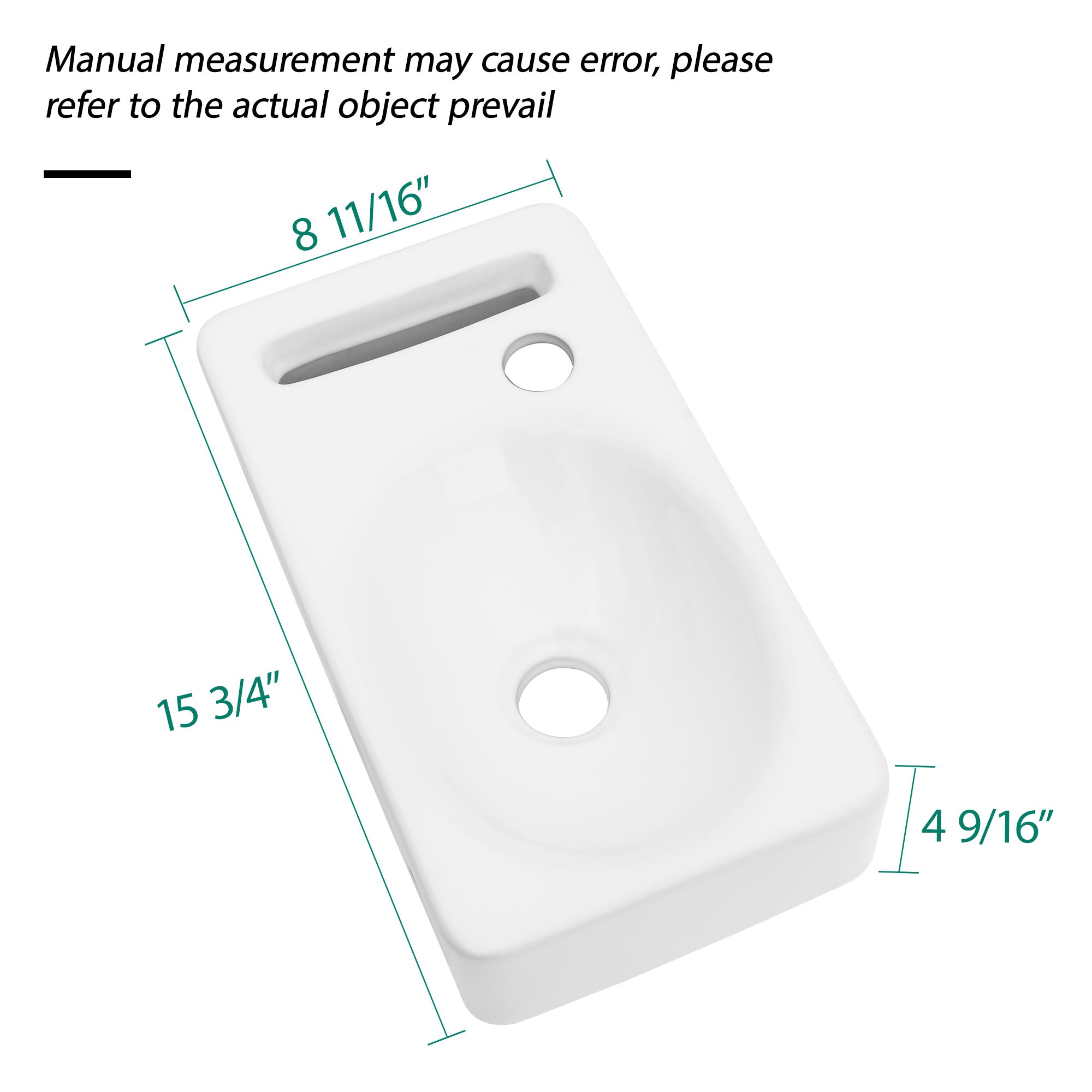 15.75x8.69 Inch White Ceramic Rectangle Wall Mount Bathroom Sink with Single Faucet Hole