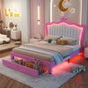 Full Size Upholstered Bed Frame with LED Lights, Modern Upholstered Princess Bed with Crown Headboard, 2 Drawers, Pink+White