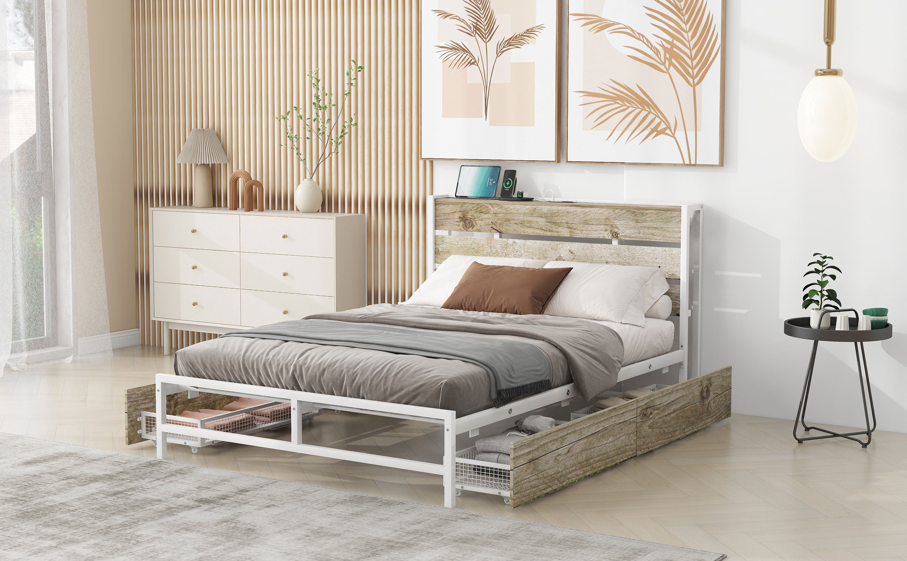 Metal Platform Bed With Four drawers, Sockets and USB Ports, Full, White