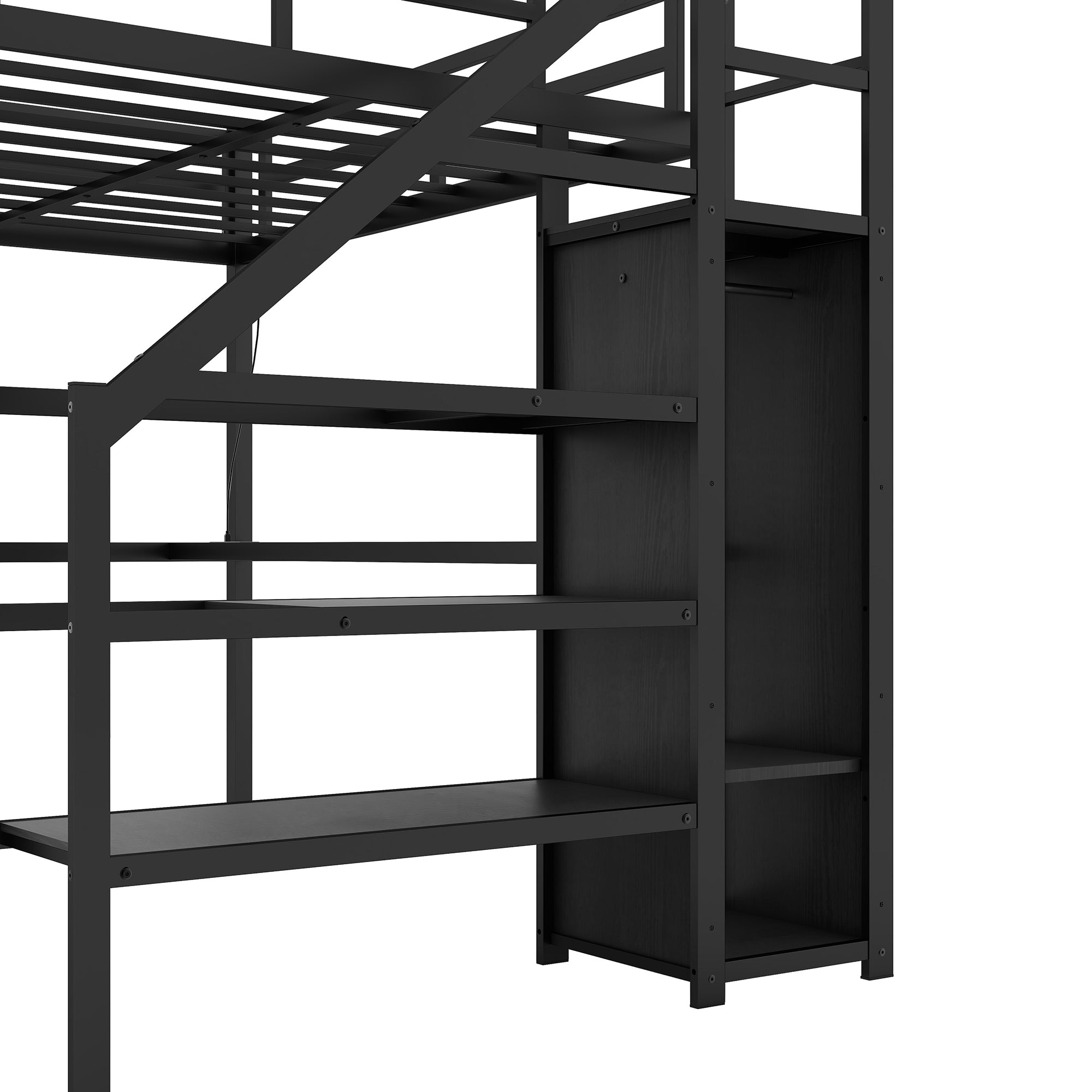 Full XL Size Loft Bed with L-shaped Desk and USB, Metal Loft Bed with Wardrobe and Adjustable Shelf, High Loft Bed with LED for Kids Teens Adults, Black(Expect Arrive 2024/10/10)