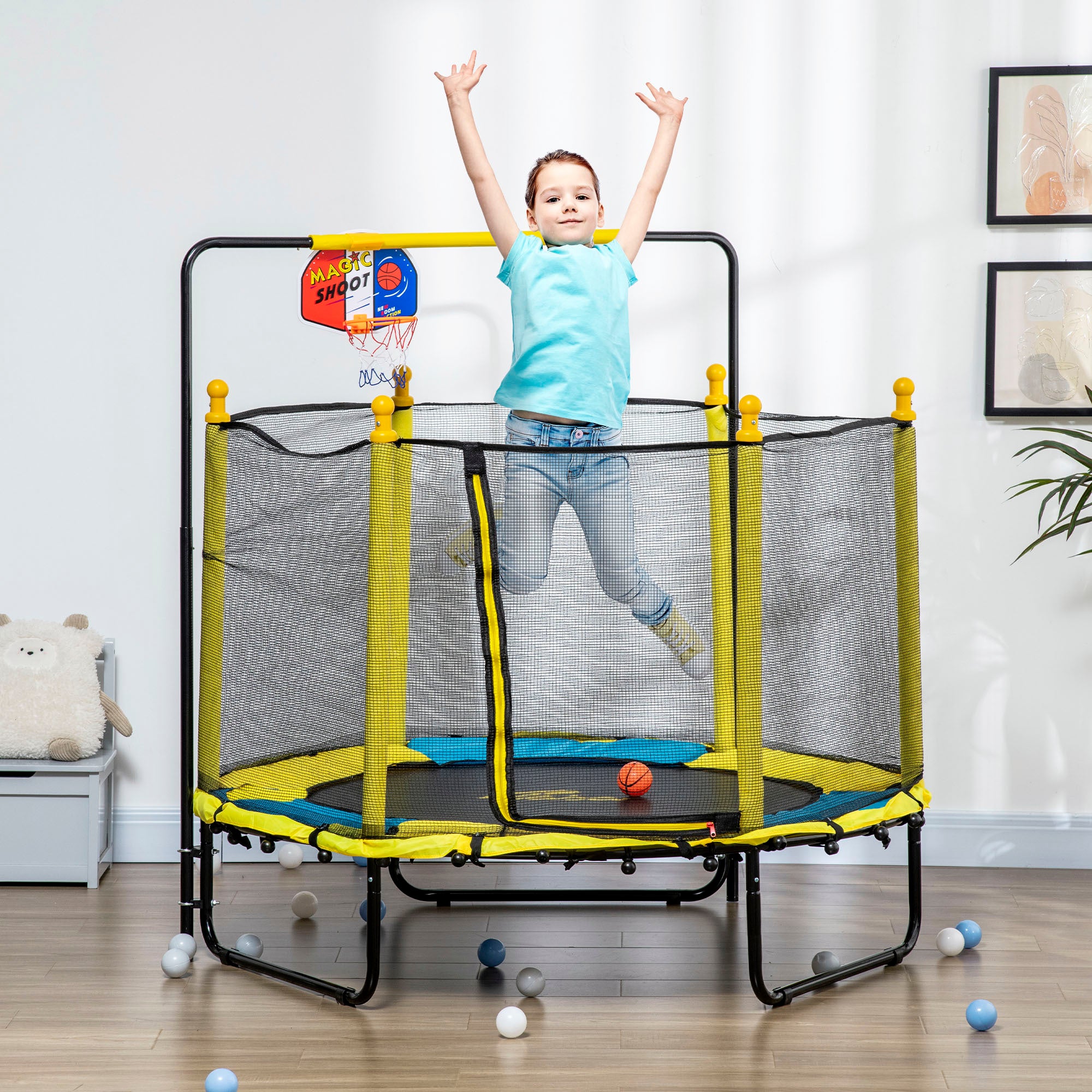 Qaba 4.6' Kids Trampoline with Basketball Hoop, Horizontal Bar, 55" Indoor Trampoline with Net, Small Springfree Trampoline Gifts for Kids Toys, Ages 3-10, Yellow