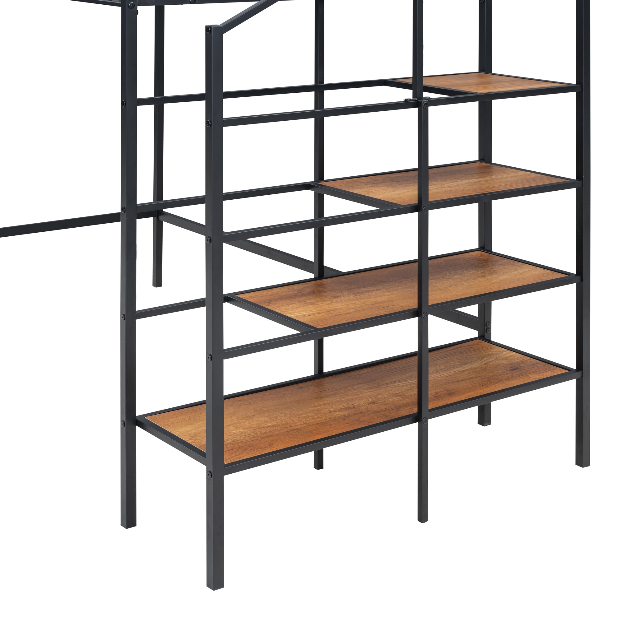 Twin Size Metal Loft Bed with Upper Grid Storage Shelf and Lateral Storage Ladder, Black