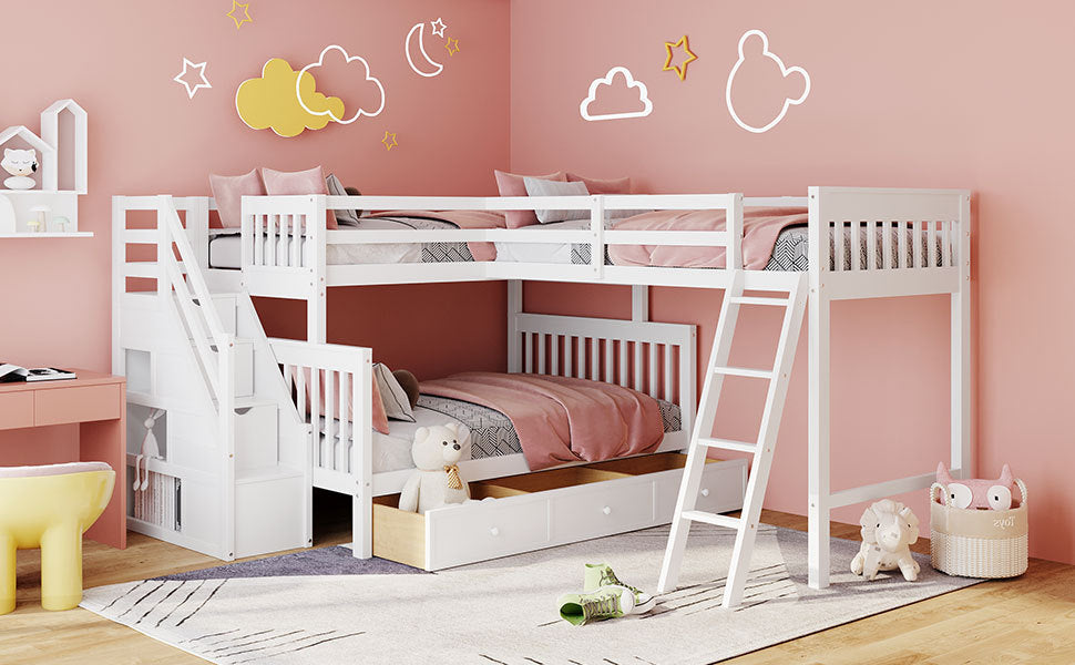 Twin over Full L-Shaped Bunk Bed With 3 Drawers, Ladder and Staircase - White