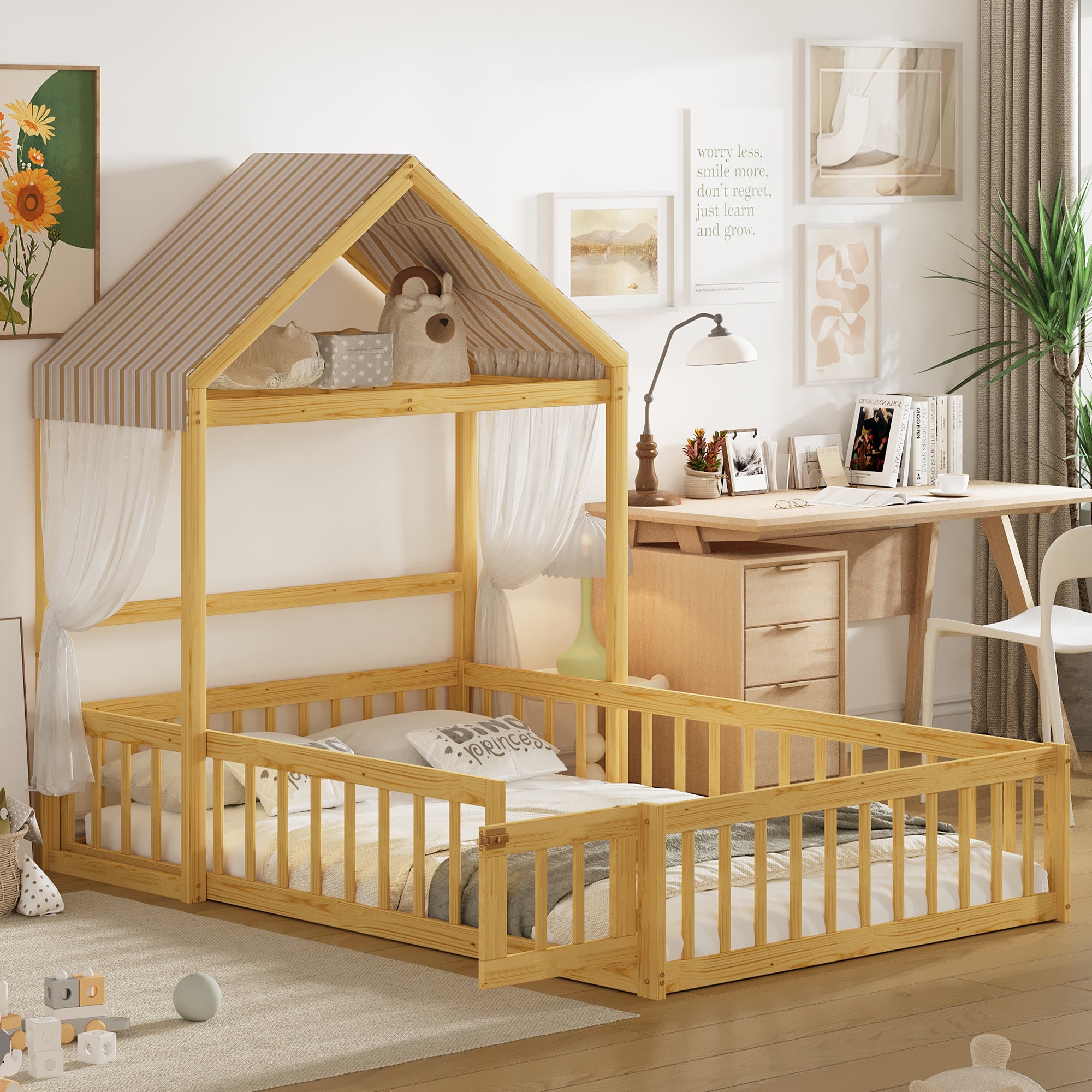 Wooden Floor Bed with Fence Railings and Detachable House Shape Headboard,Full Size Bed with Kids Dress Up Rack, Kids Montessori Style Playhouse Frame for Girls Boys, Natural