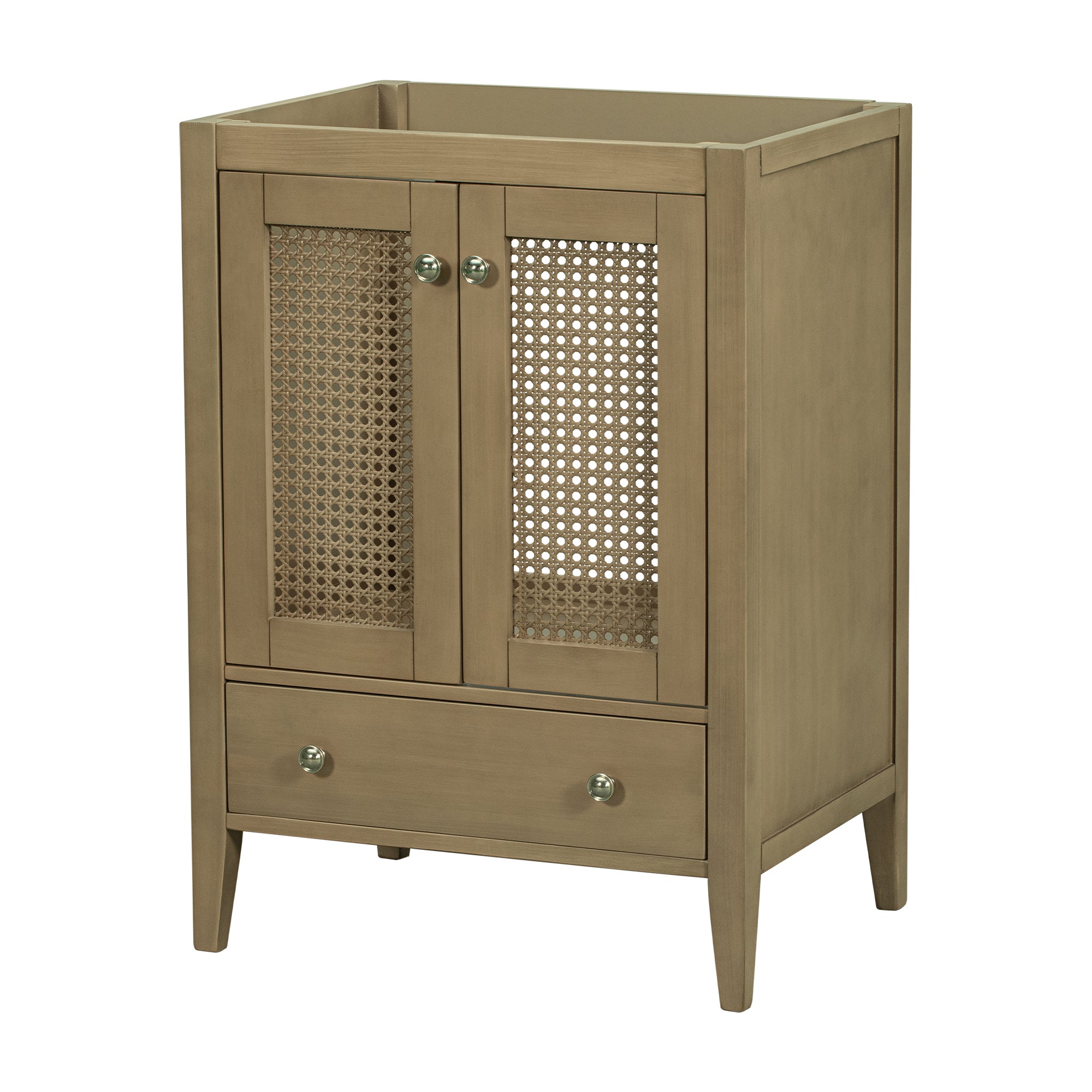 24" Bathroom Vanity without Sink, Base Only, Rattan Cabinet with Doors and Drawer, Solid Frame and MDF Board, Natural