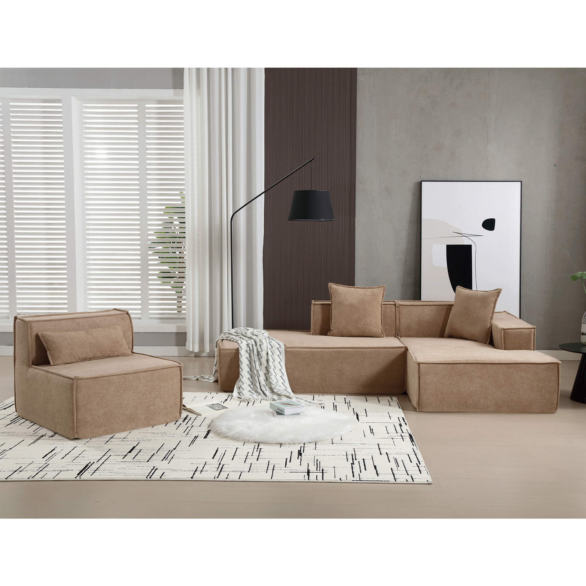 [VIDEO PROVIDED] Modular combination  sofa set, modern minimalist sofa, free installation sofa, L-shaped, Italian minimalist tofu block sofa,  Right-Hand Facing,Terrycloth fabric,Light Brown