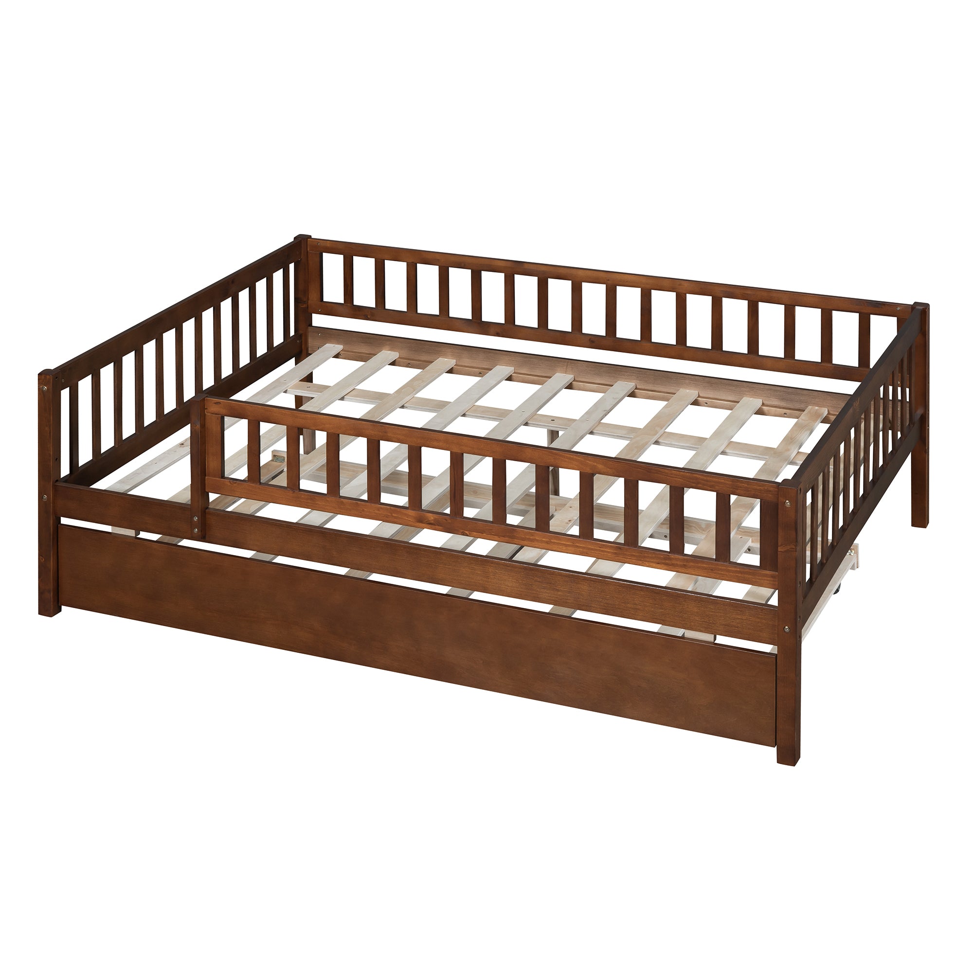 Full Size Wood Daybed with Trundle and Fence Guardrails, Walnut