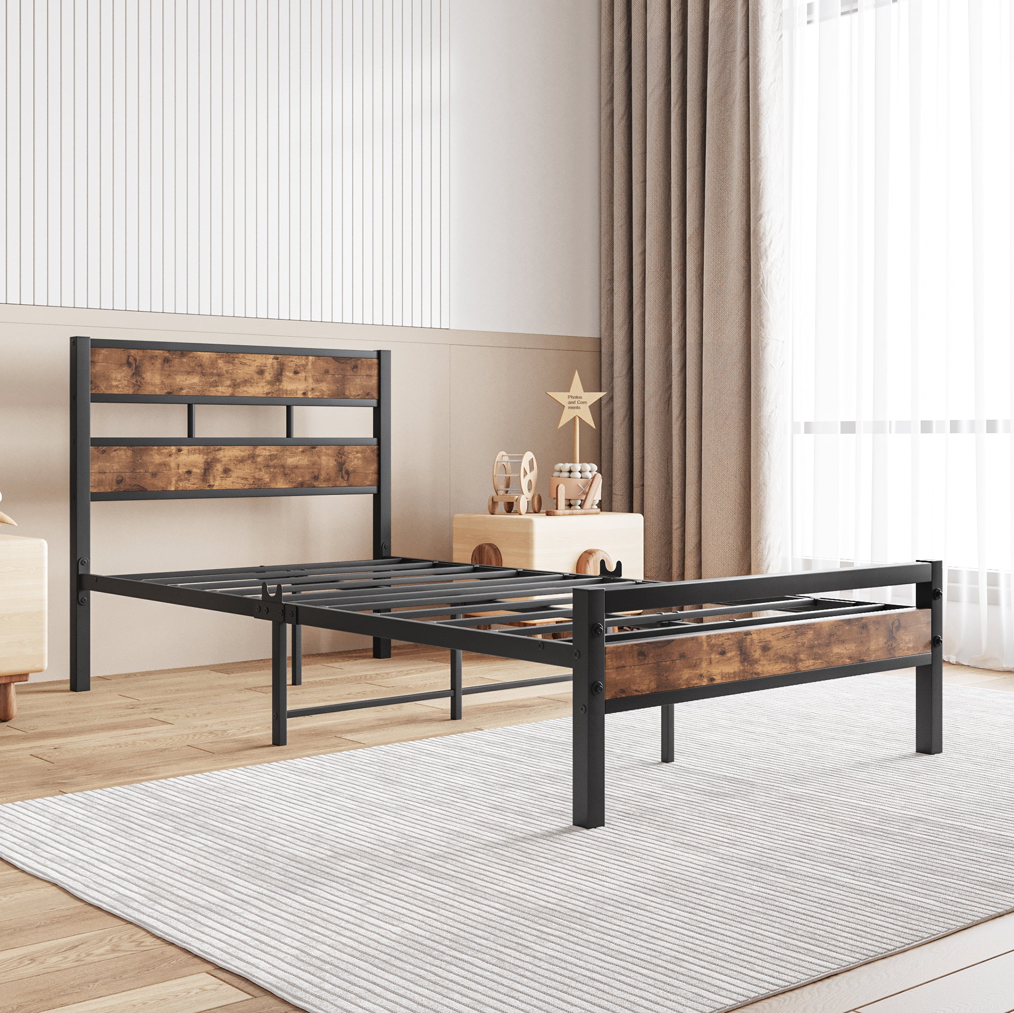 Twin Size Platform Bed Frame with Rustic Vintage Wood Headboard, Strong Metal Slats Support, No Box Spring Needed