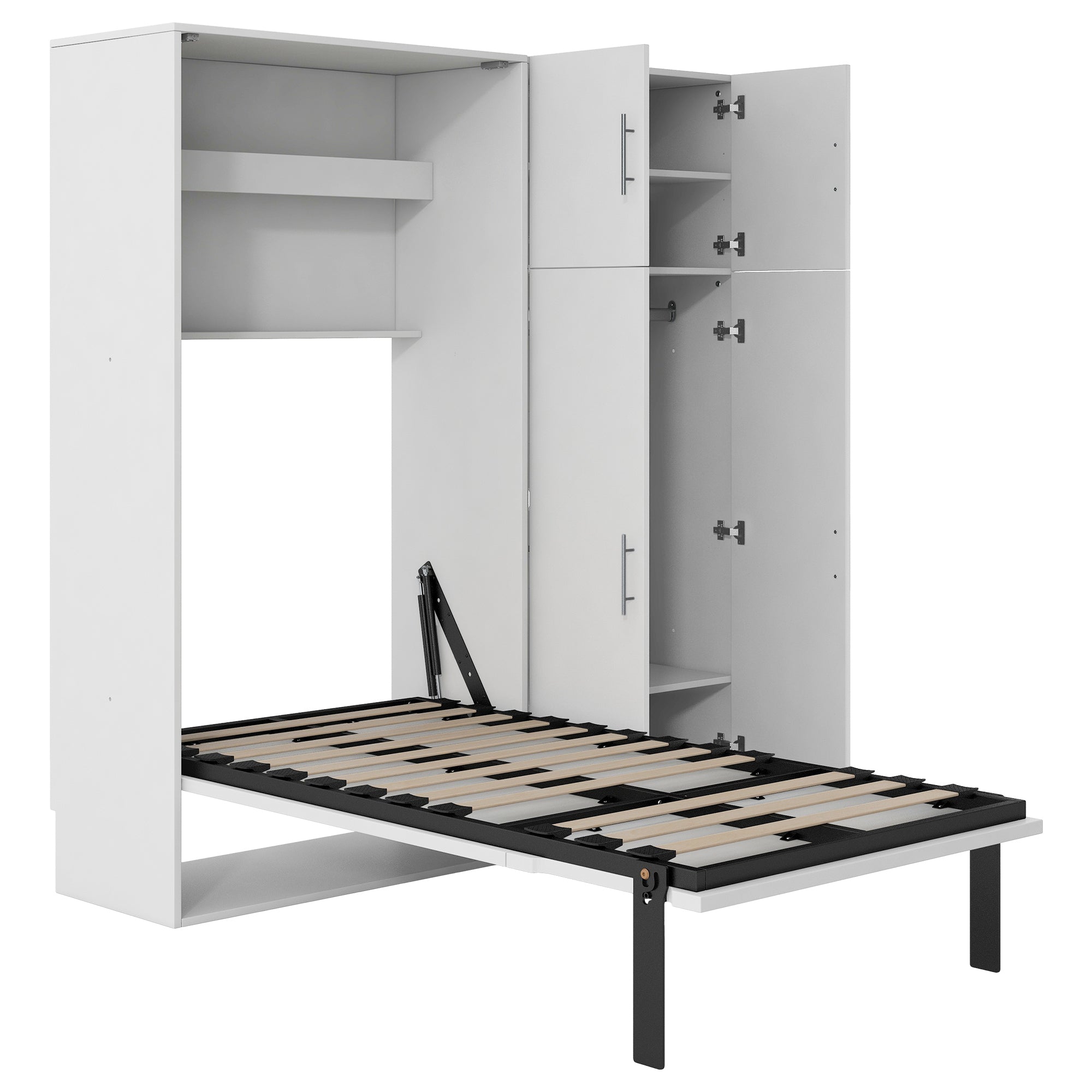 Twin Size Murphy Bed with Lockers and Wardrobes, White