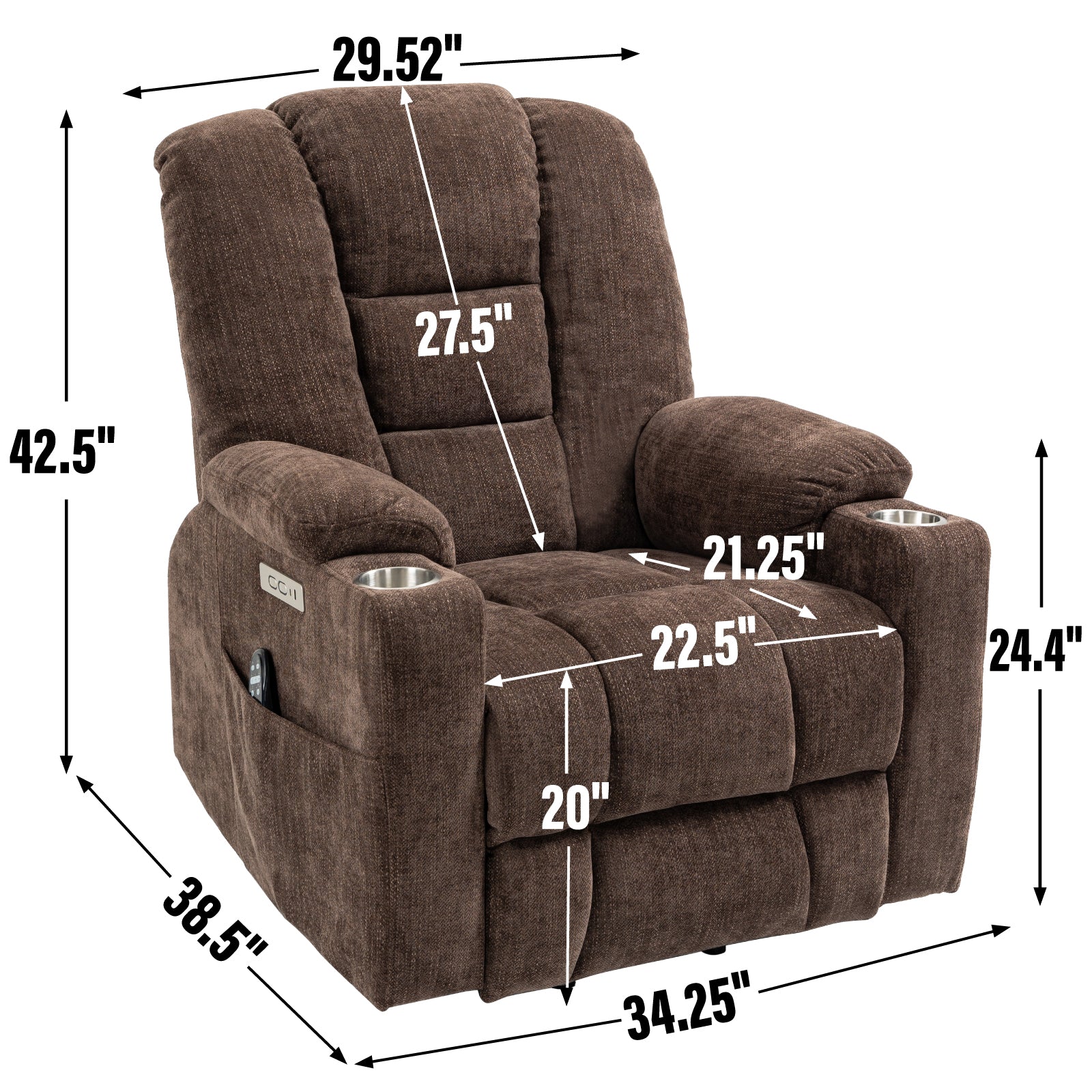 EMON'S Large Power Lift Recliner Chair with Massage and Heat for Elderly, Overstuffed Wide Recliners, Heavy Duty Motion Mechanism with USB and Type C Ports, 2 Steel Cup Holders, Brown