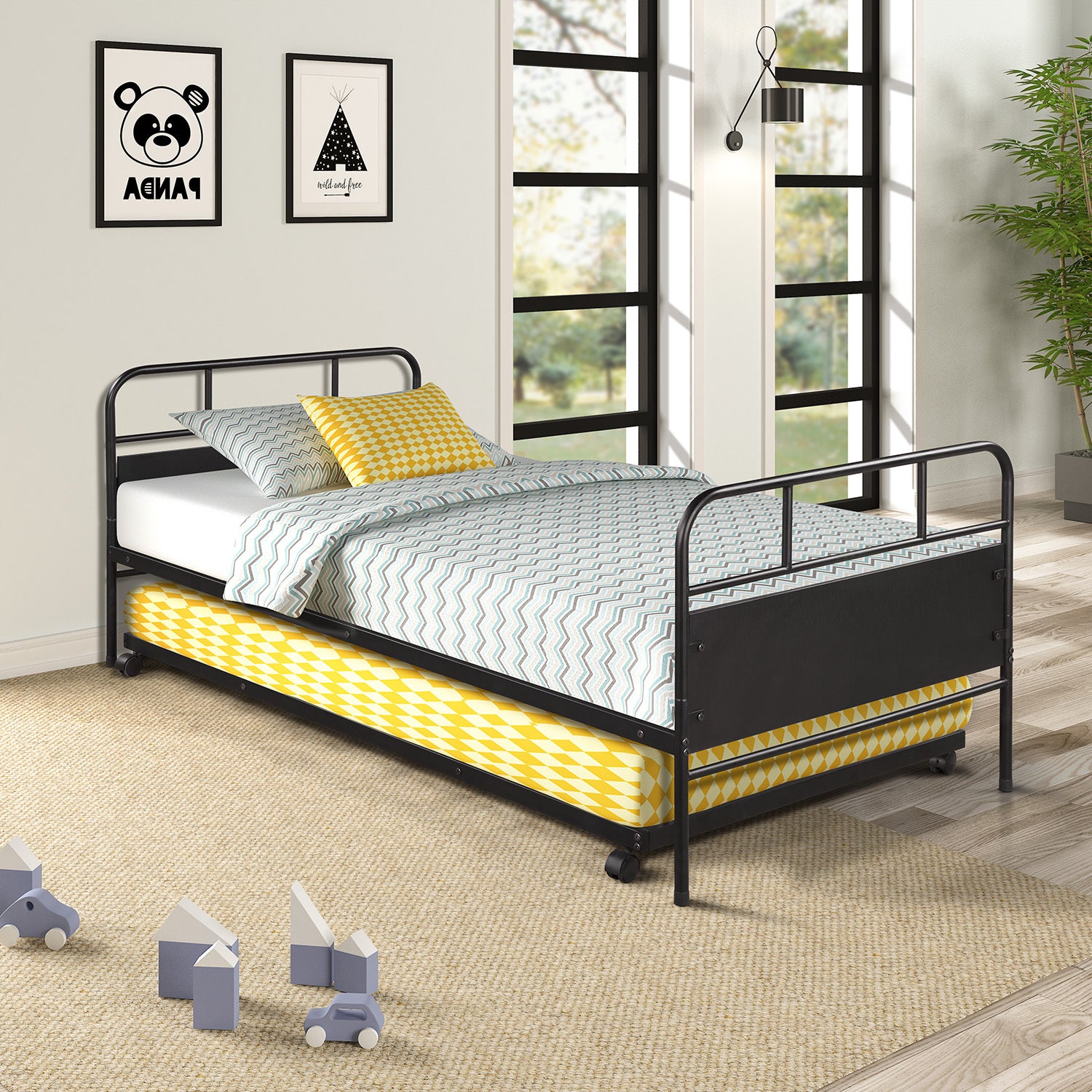 [Not allowed to sell to Walmart]Metal Daybed Platform Bed Frame with Trundle Built-in Casters, Twin Size