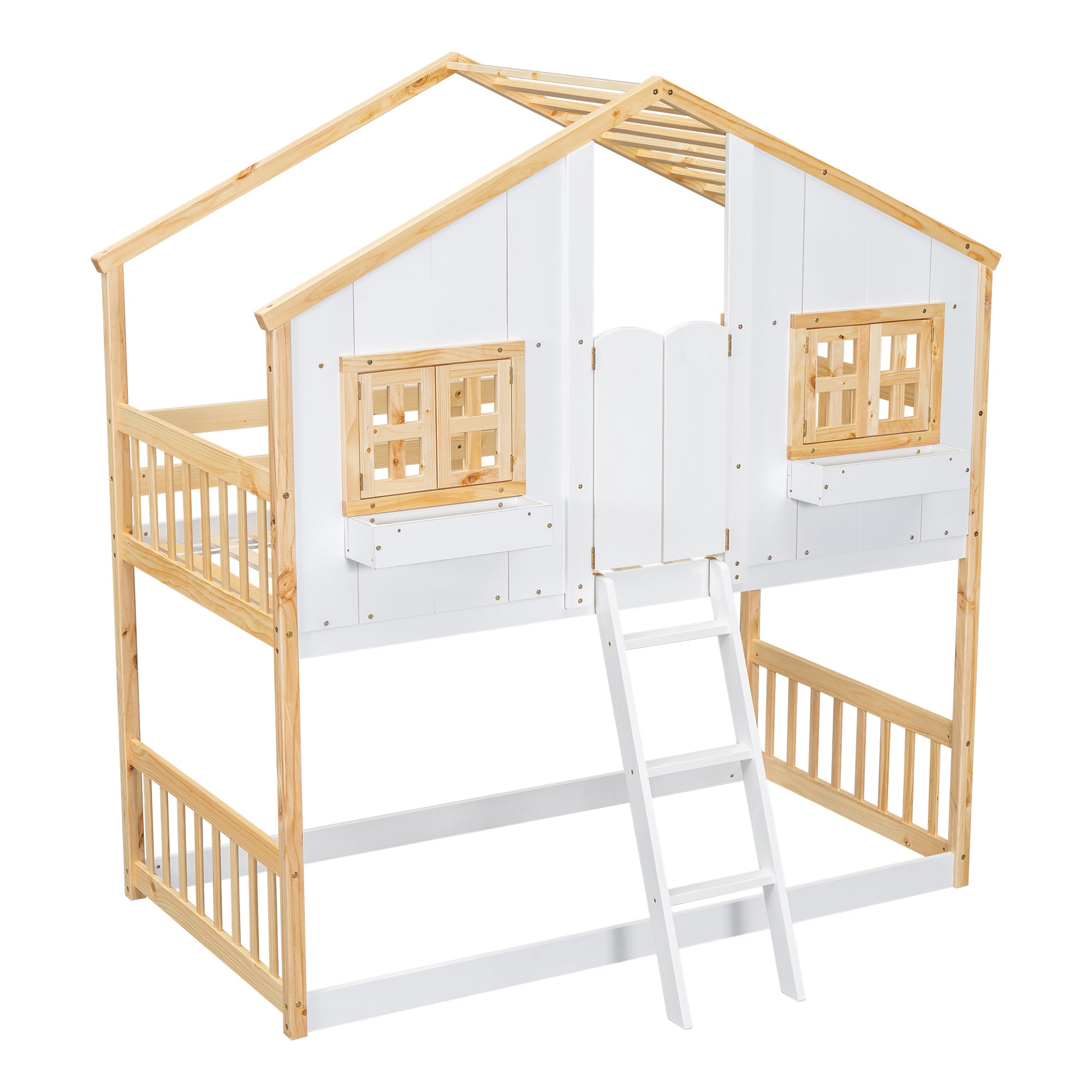 Twin over Twin House Bunk Bed with Roof , Window, Window  Box, Door , with Safety Guardrails and Ladder, Natural/White