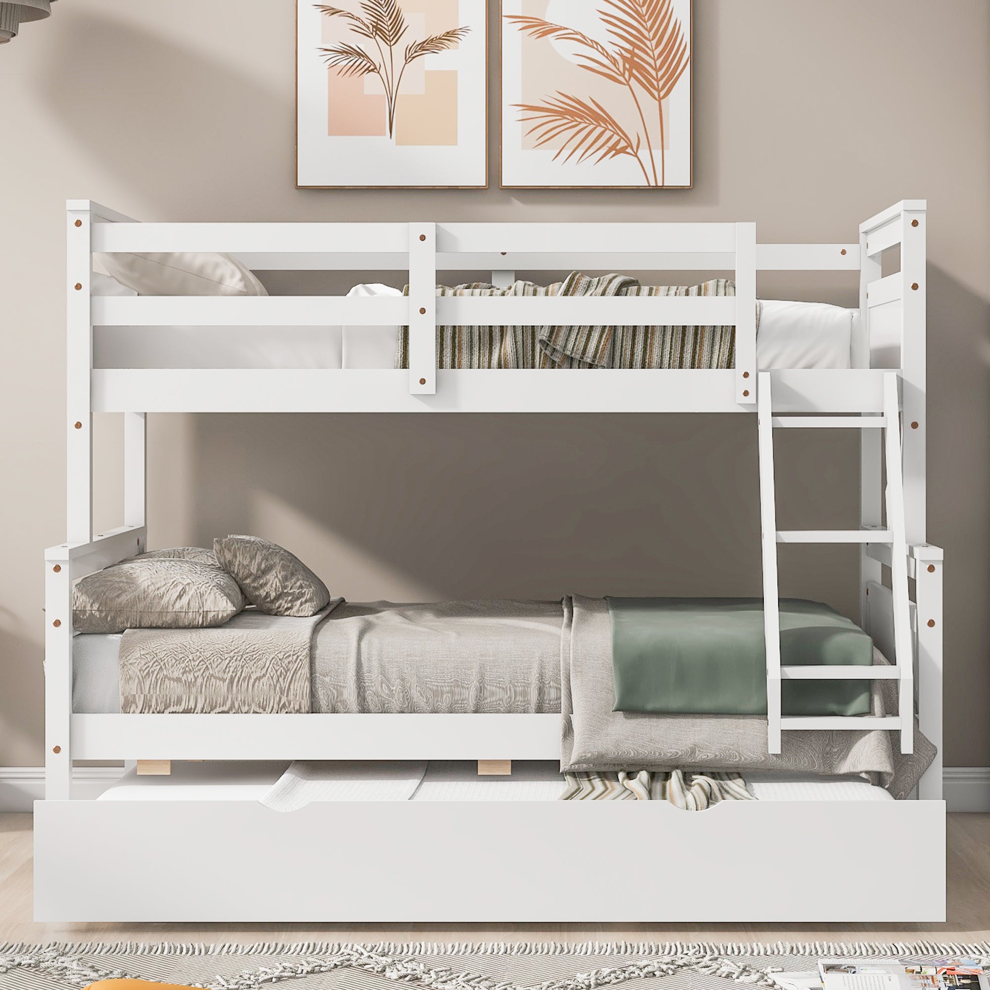 White bunk bed with pull-out twin trundle extended, side view