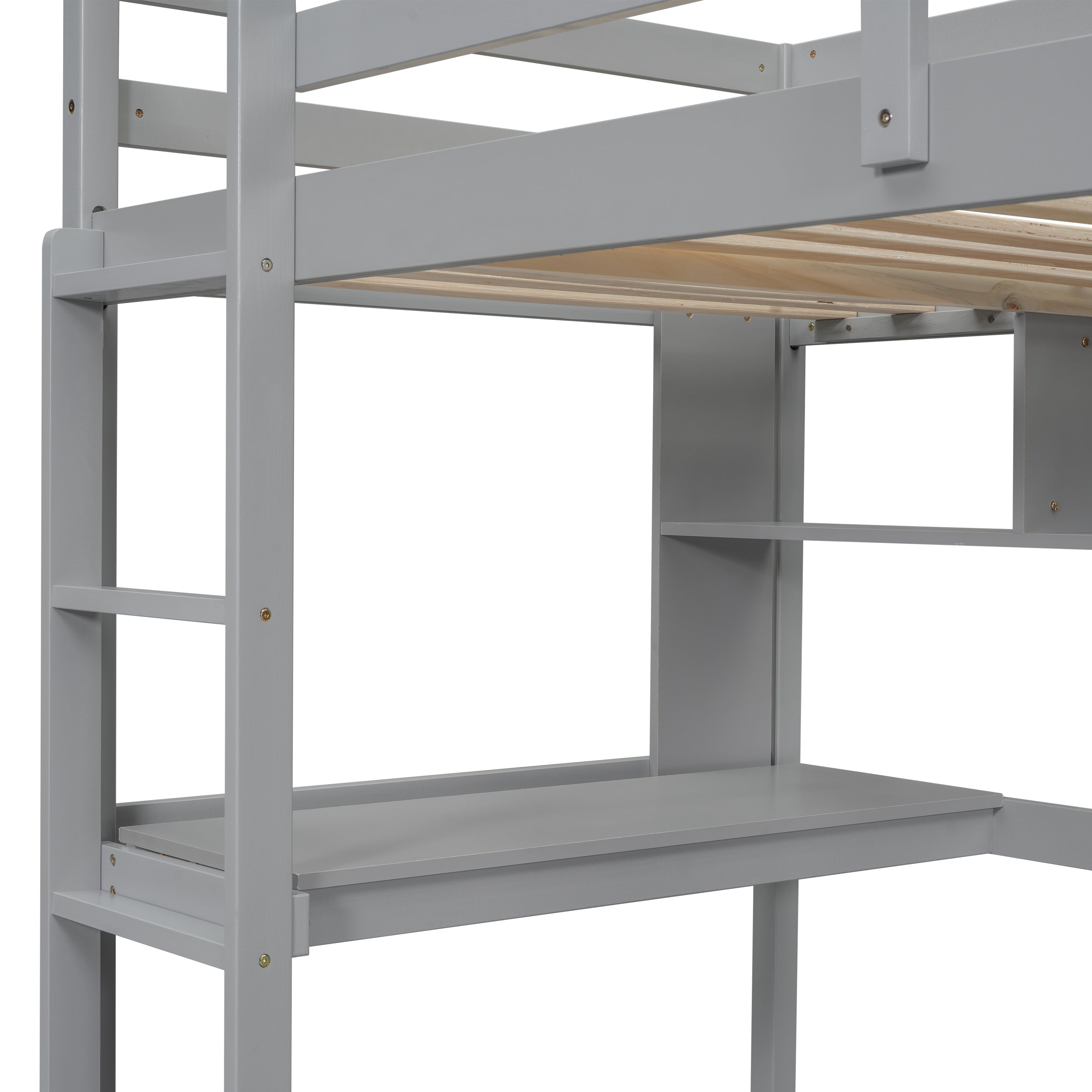 Twin Size Loft Bed with desk and shelves, Safety Guardrail and ladder,Grey