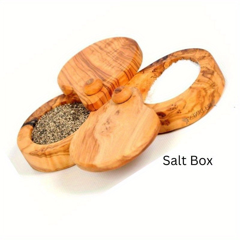 2 Compartment Salt Box Double Salt Keeper, Handmade From Olive Wood