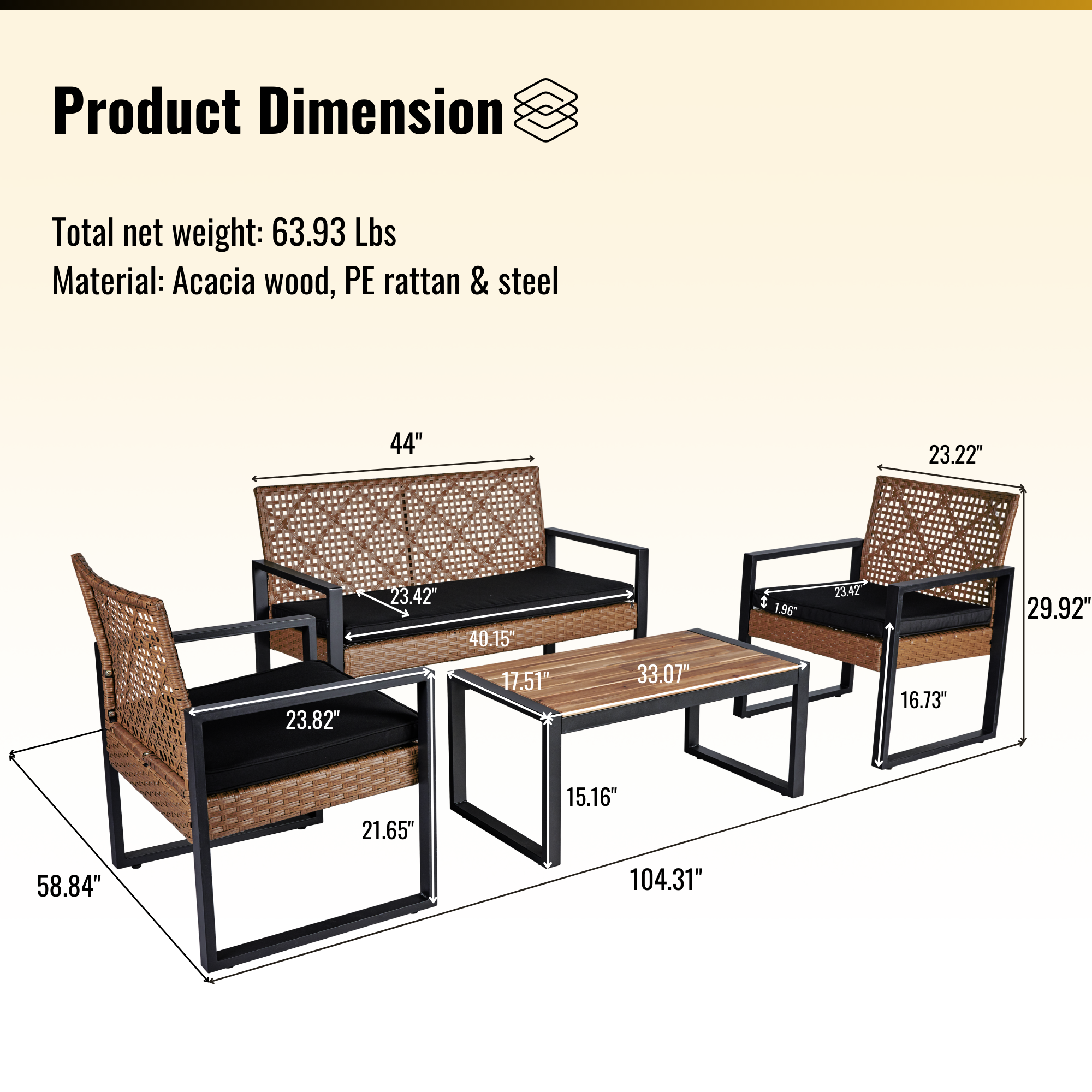 4-Piece Patio Furniture Set Outdoor Balcony Porch Garden Backyard Lawn Furniture Acacia Wood Table Top, Morden Black and Light Brown