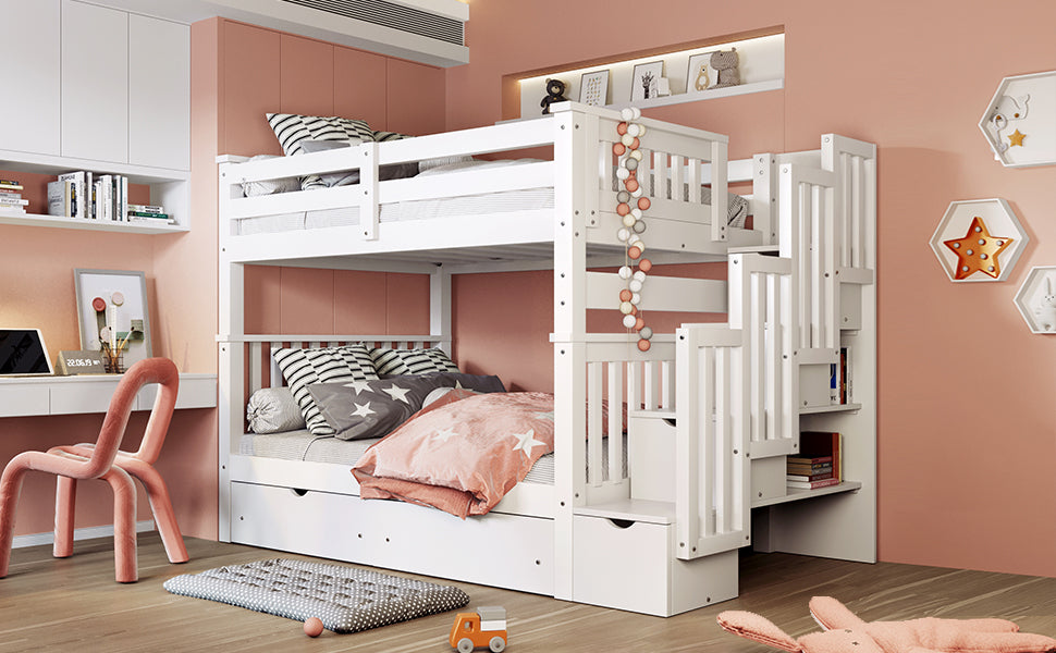 Full Over Full Bunk Bed with Shelves and 6 Storage Drawers, White(Old SKU:LP000046AAK)