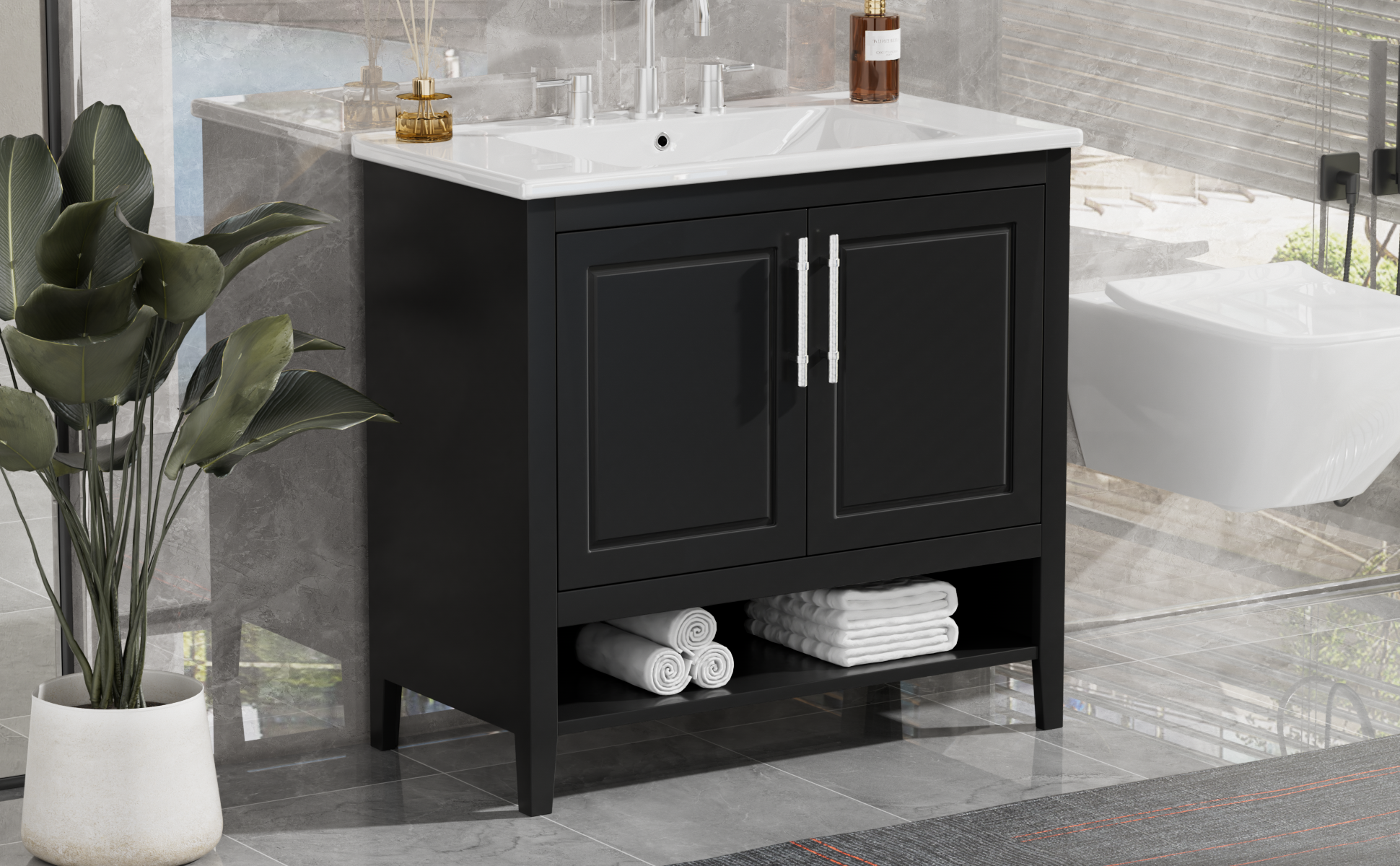 36" Bathroom Vanity with Sink, Multi-functional Bathroom Cabinet with Doors and Drawers, MDF Frame and MDF Board, Black