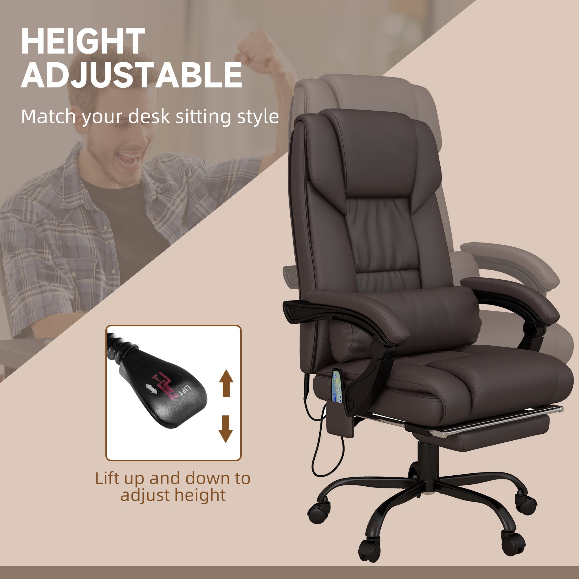 High Back Vibration Massage Office Chair with 6 Points, Hight Adjustable Computer Desk Chair, Reclining Office Chair with Retractable Footrest and Remote, Brown