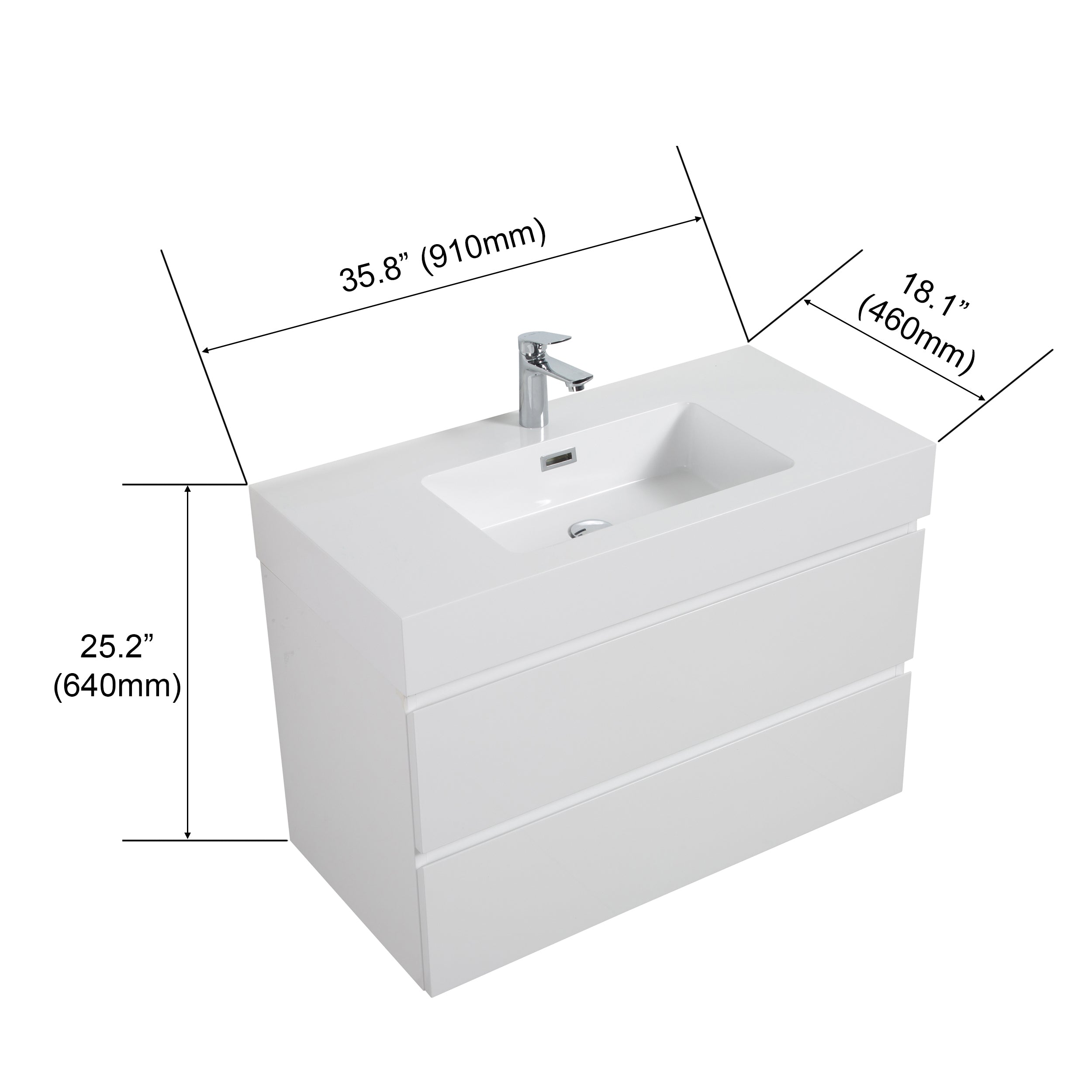 Alice 36" White Bathroom Vanity with Sink, Large Storage Wall Mounted Floating Bathroom Vanity for Modern Bathroom, One-Piece White Sink Basin without Drain and Faucet, Pre-assembled