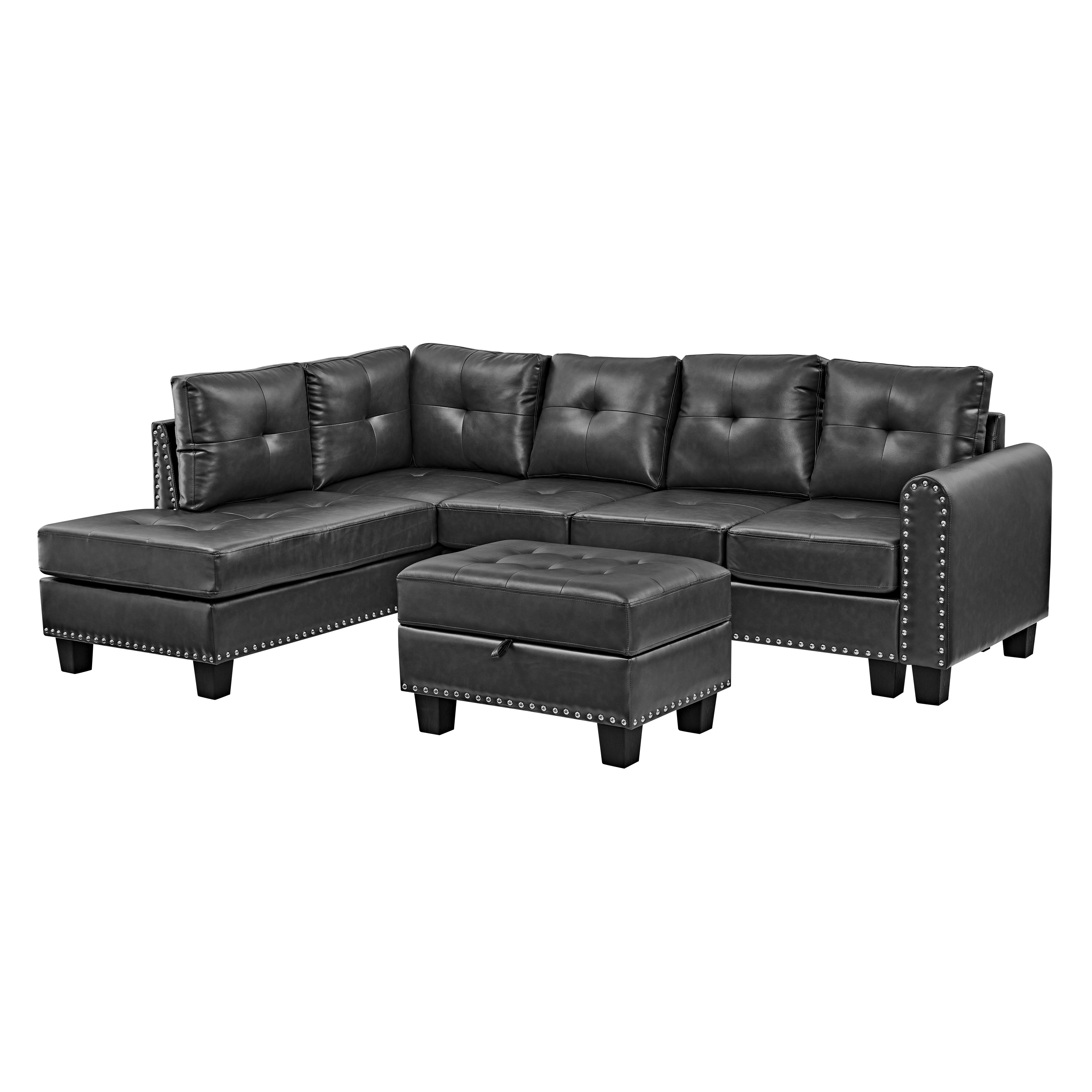 Sectional 3-Seaters Sofa , reversible recliner, Storage pad and wood grain cup holder, Non-slip leg, pu, black