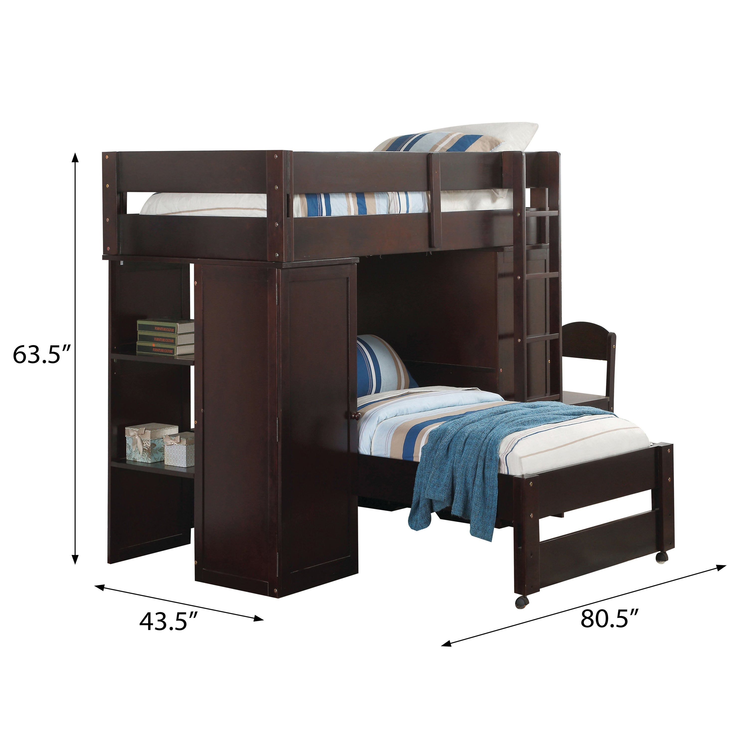 Wenge Twin Over Twin Loft Bed with Built-in Desk, Wardrobe and Chair