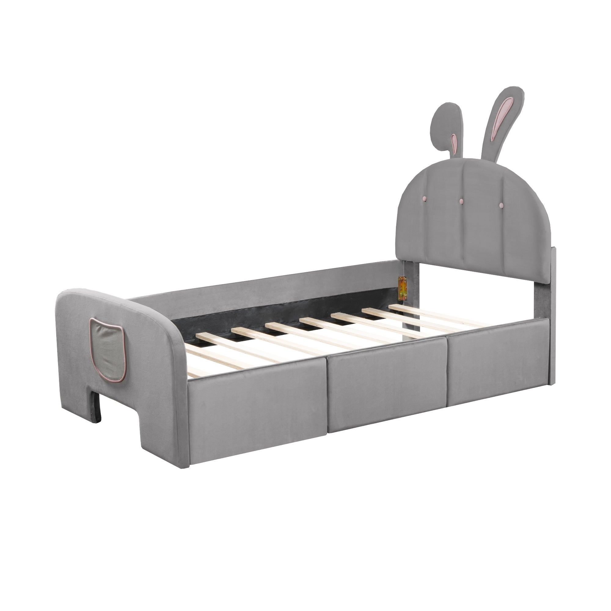 Twin Size Velvet Platform Bed with Rabbit-Shaped Headboard, with Drawers, with Bed-End Storage Pocket, Gray