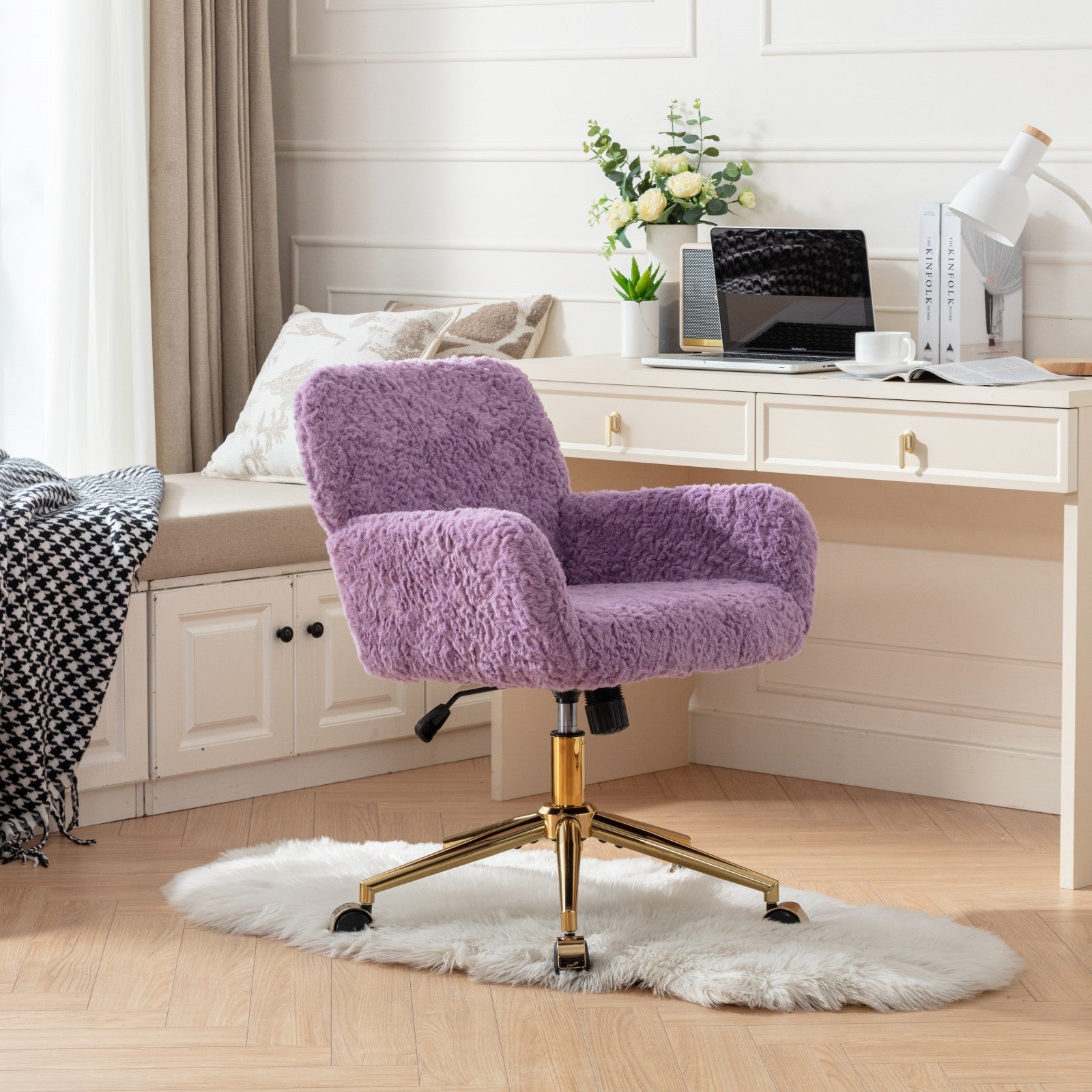 A&A Furniture Office Chair,Artificial rabbit hair Home Office Chair with Golden Metal Base,Adjustable Desk Chair Swivel Office Chair,Vanity Chair(Violet)