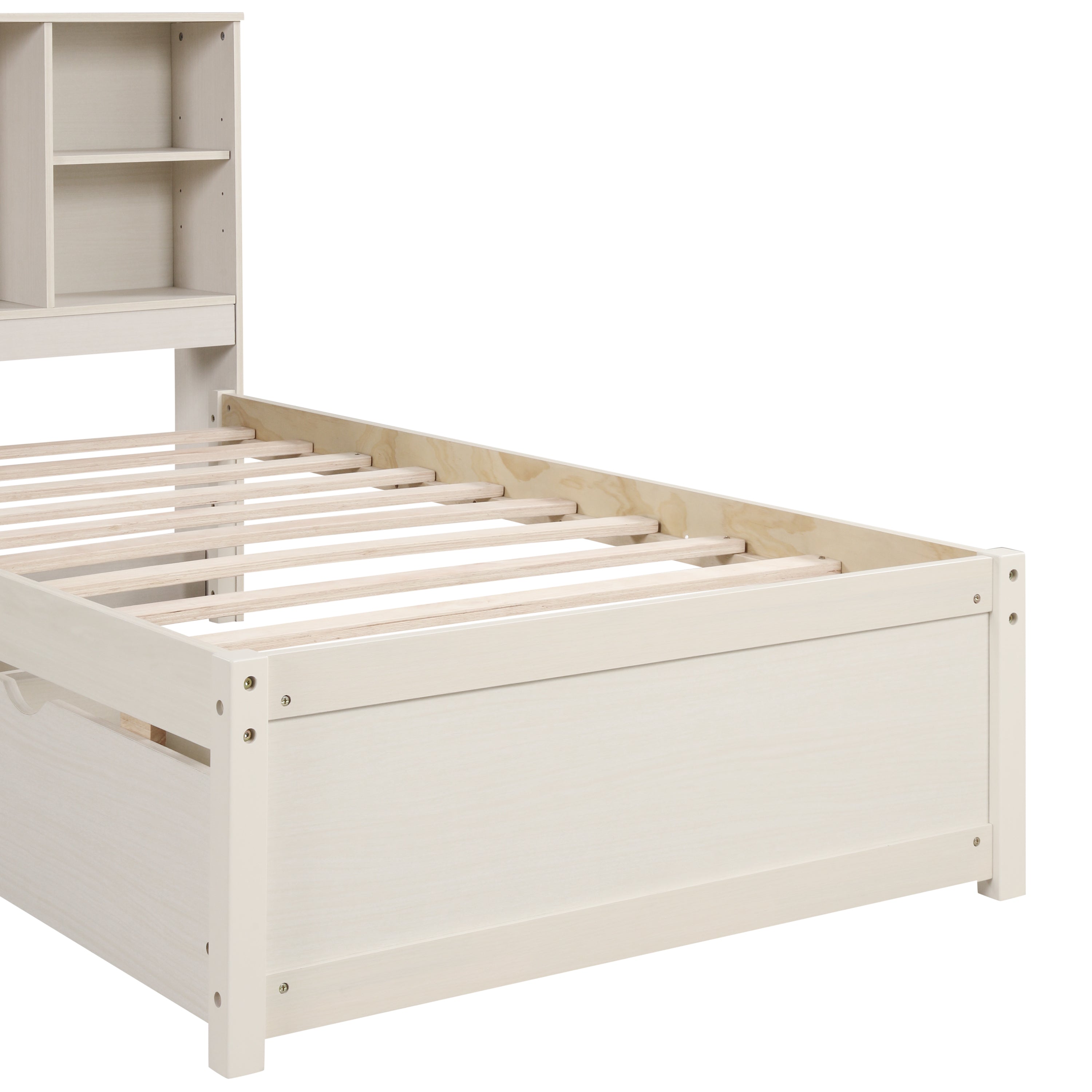 Modern Twin Size Bed Frame With Built-in USB Port on Bookcase Headboard and 2 Drawers for White Washed Color