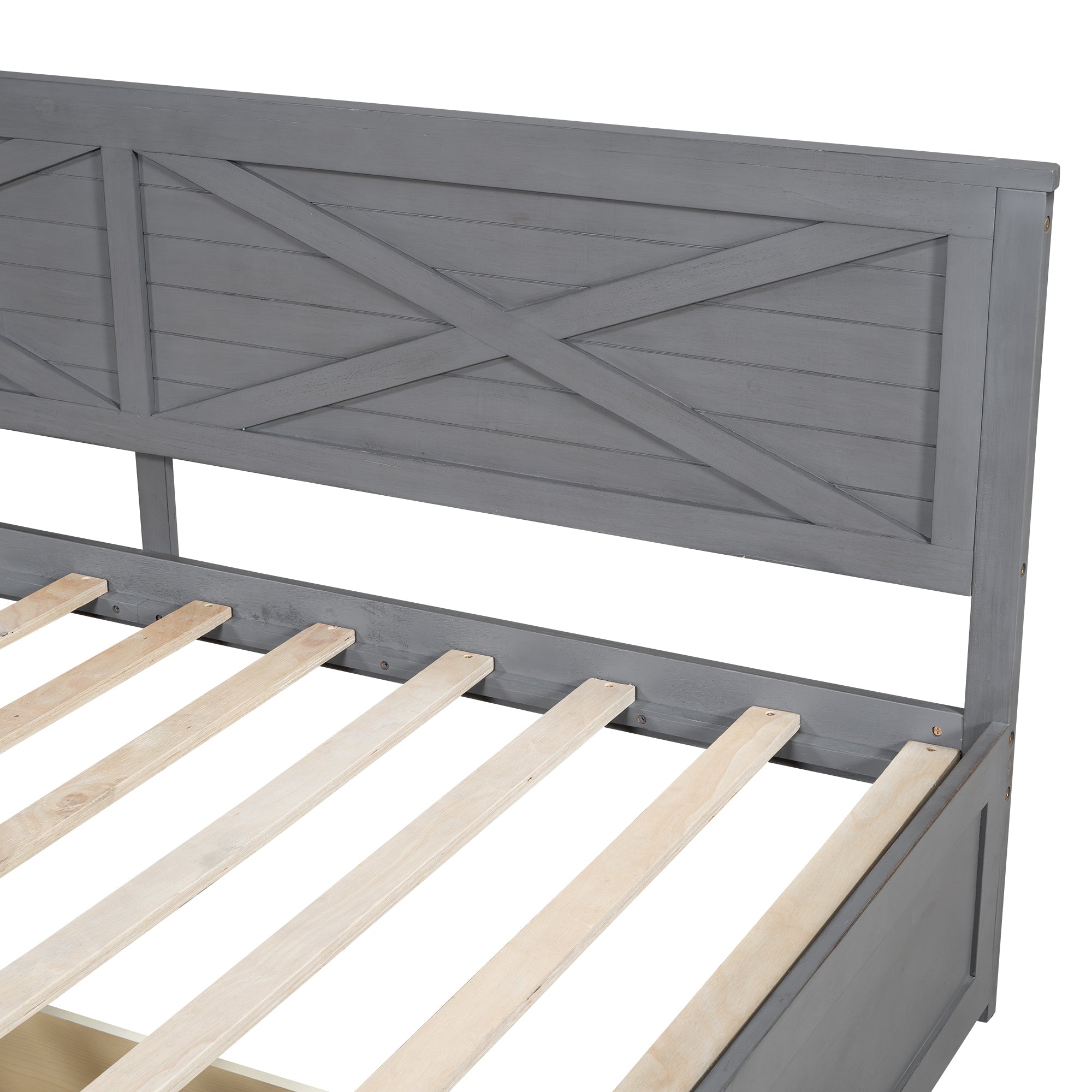 Twin Size Wood Daybed with 2 Drawers and Rustic Guardrail, Ancient Grey