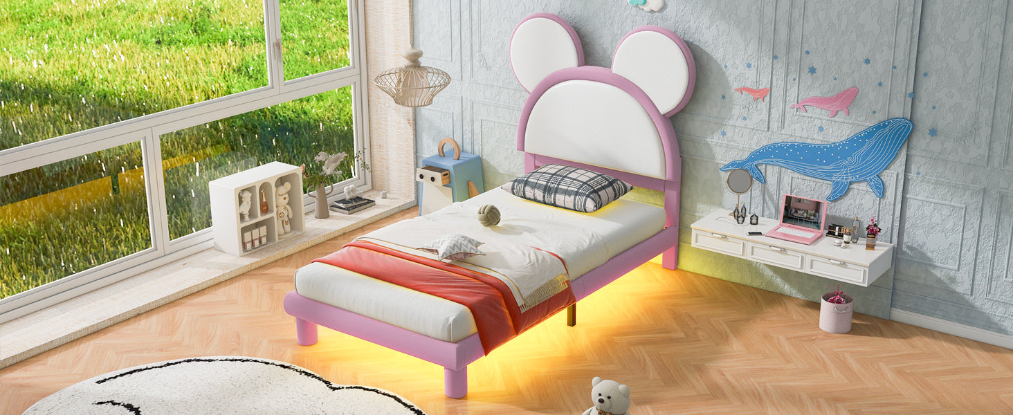 Twin Size Upholstered Platform Bed with Cartoon Ears Shaped Headboard and LED, White&Pink