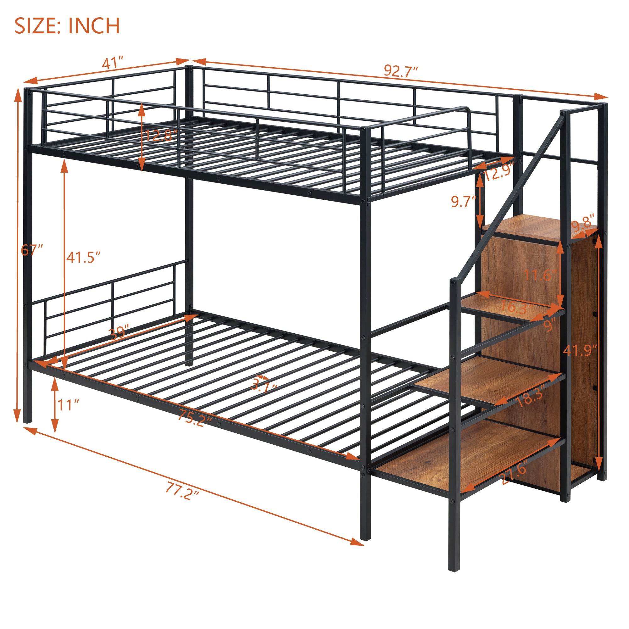 Twin Over Twin Metal Bunk Bed with Lateral Storage Ladder and Wardrobe, Black