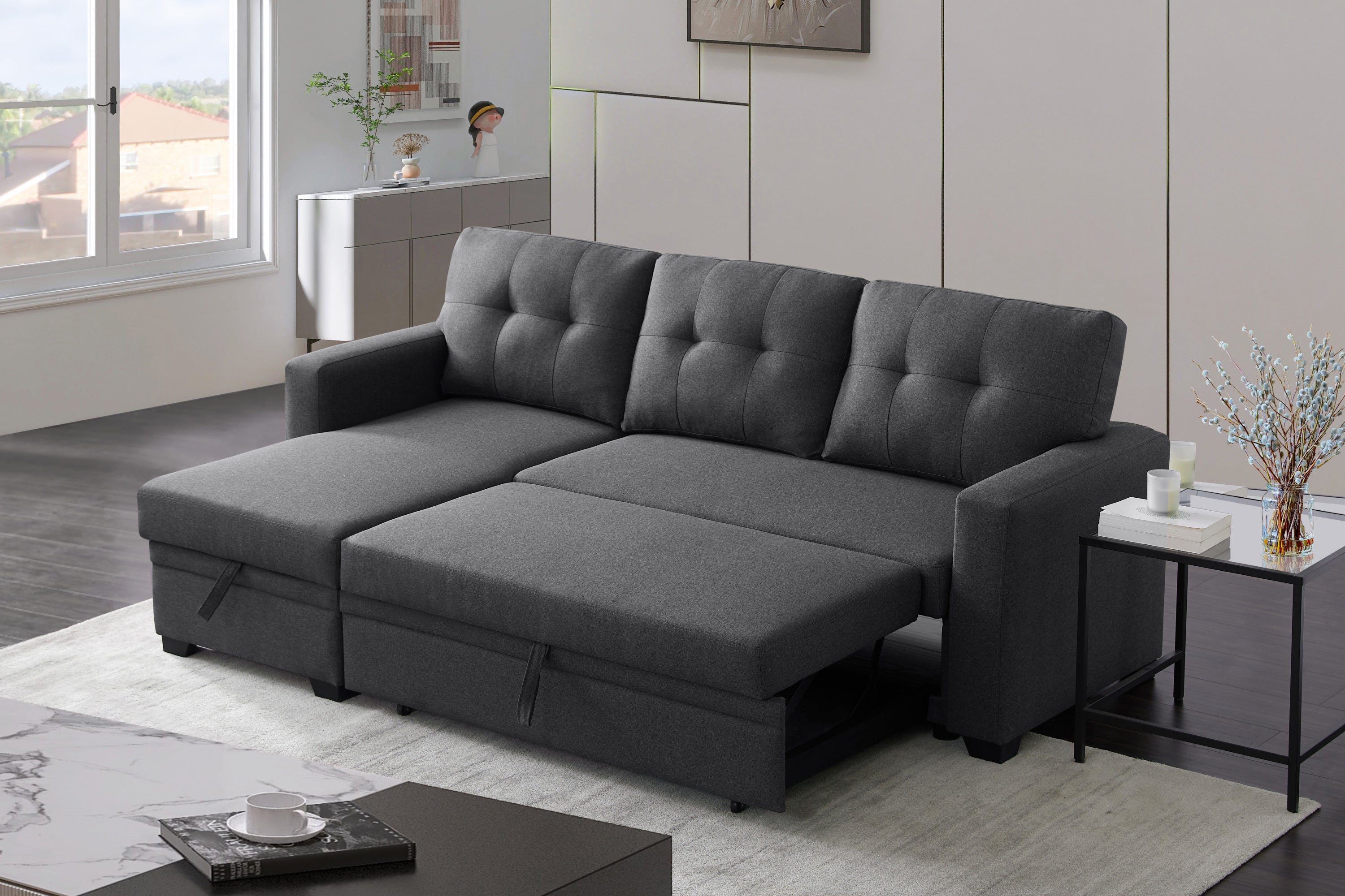 Upholstered Pull out Sectional Sofa with Chaise