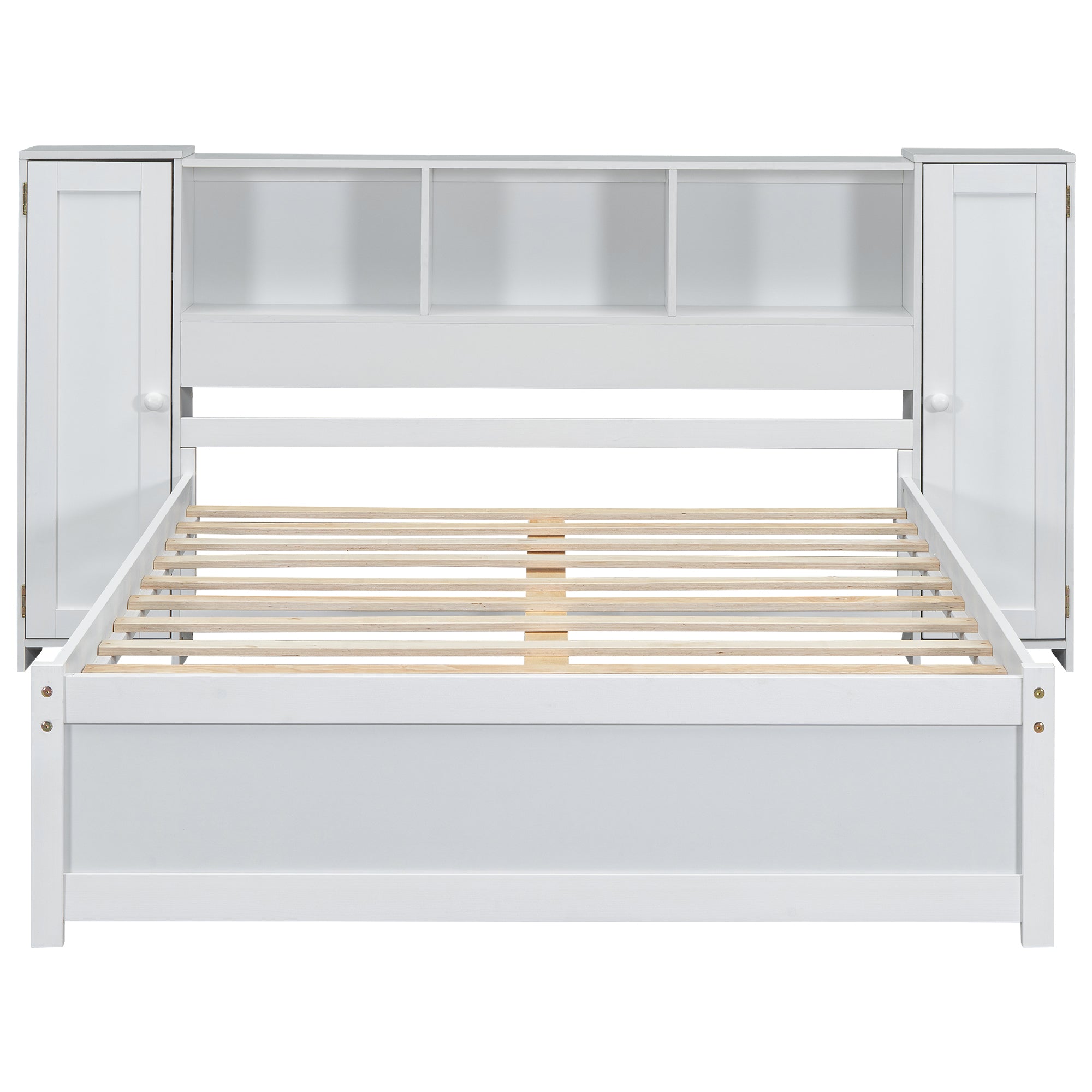 Full Size Platform Bed with Storage Headboard and Lockers, White