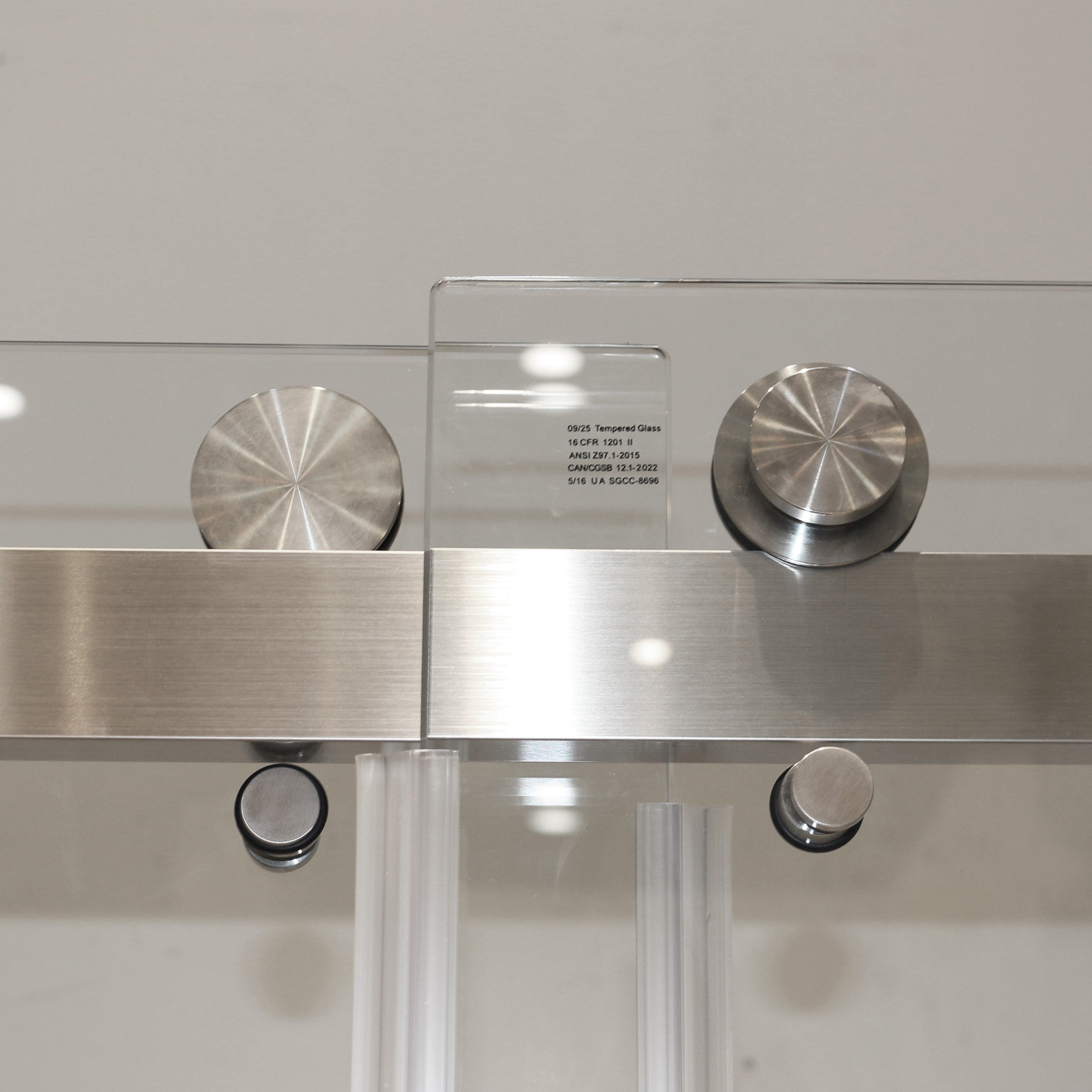 Frameless sliding shower door 55-59 inch brushed nickel roller hardware