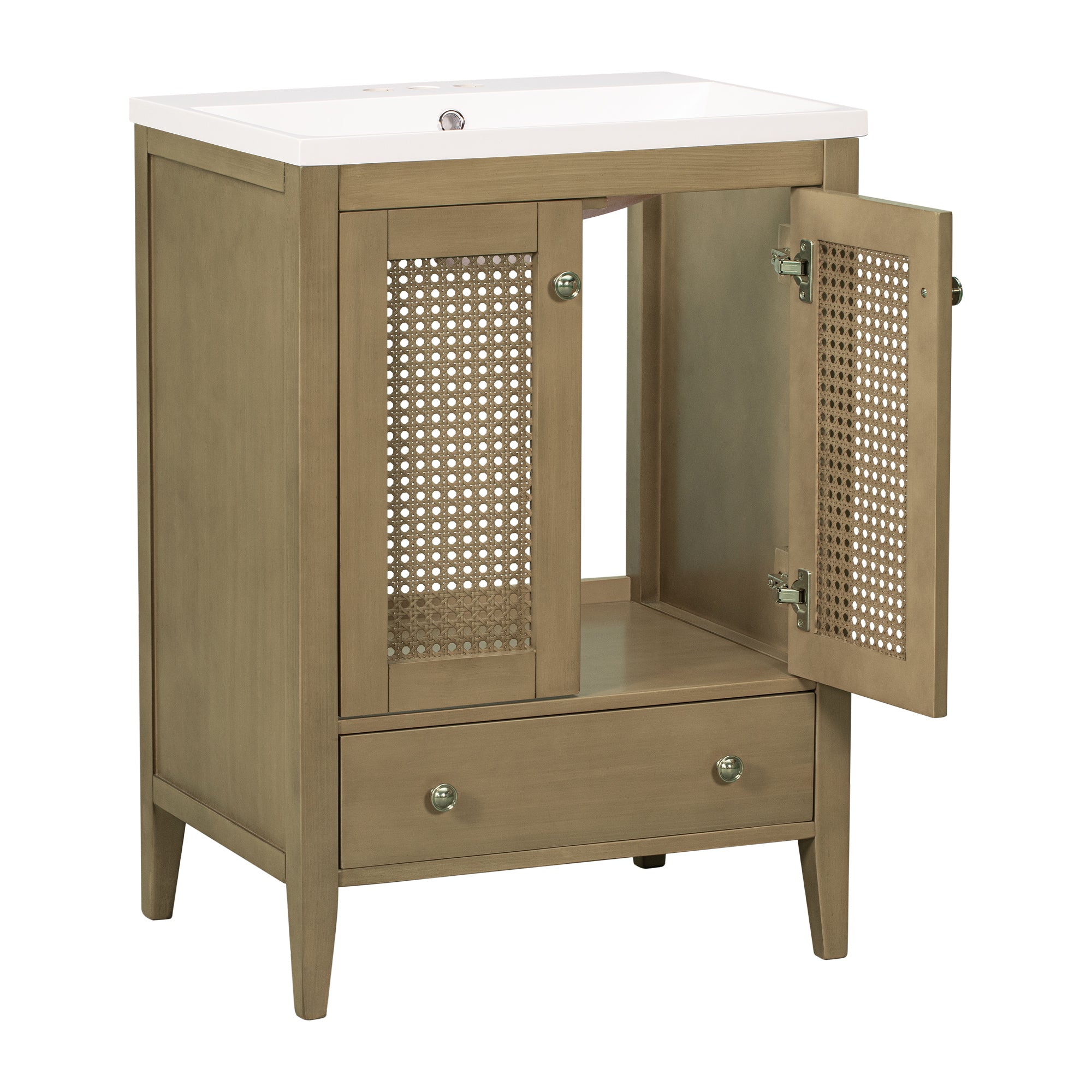 24" Bathroom Vanity with Ceramic Basin, Rattan Bathroom Storage Cabinet with Two Doors and Drawer, Solid Frame, Natural (OLD SKU: JL000008AAD)