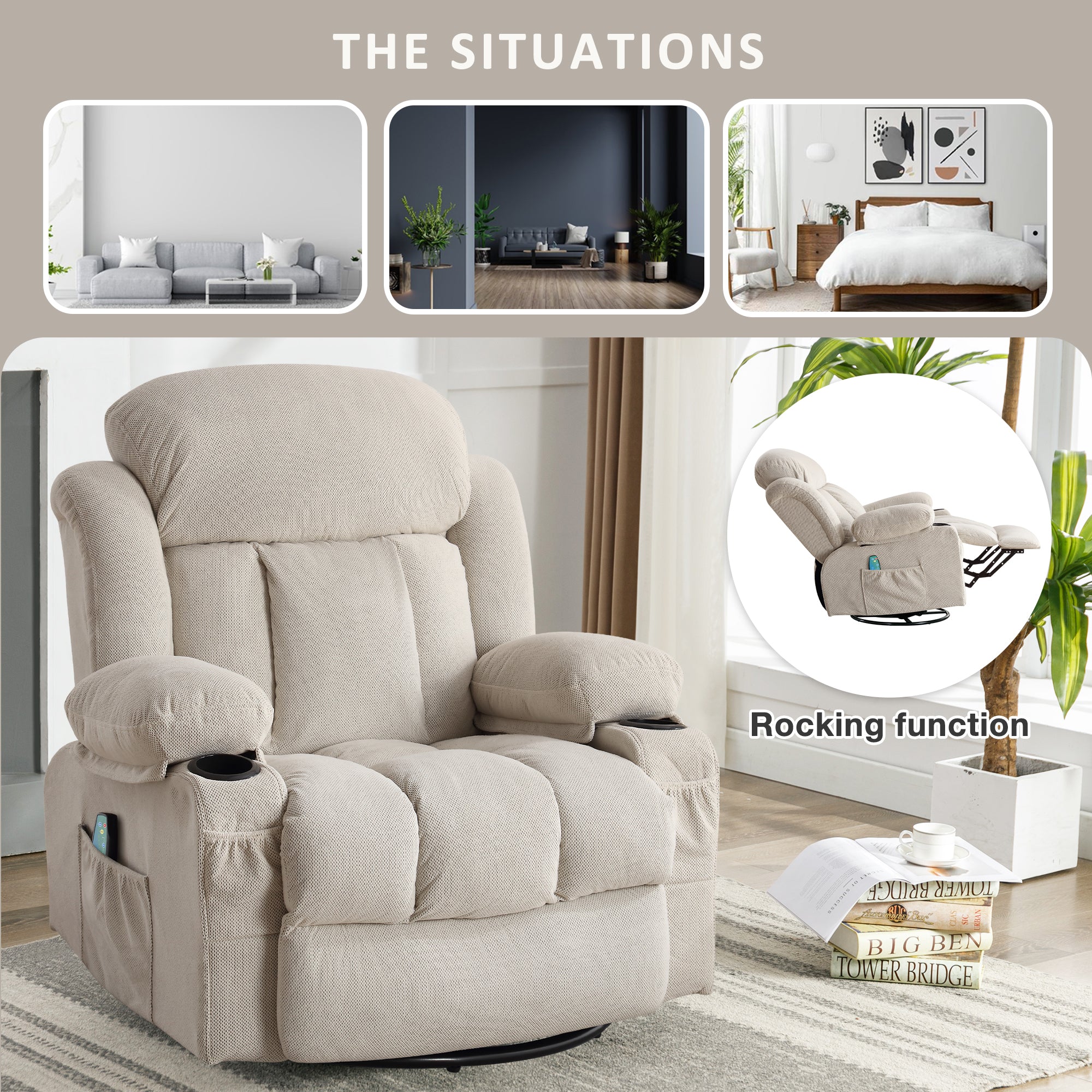 Swinging recliner massage heated sofa, with USB and 2 cup holders in side pockets, PackageA+B (BEIGE )