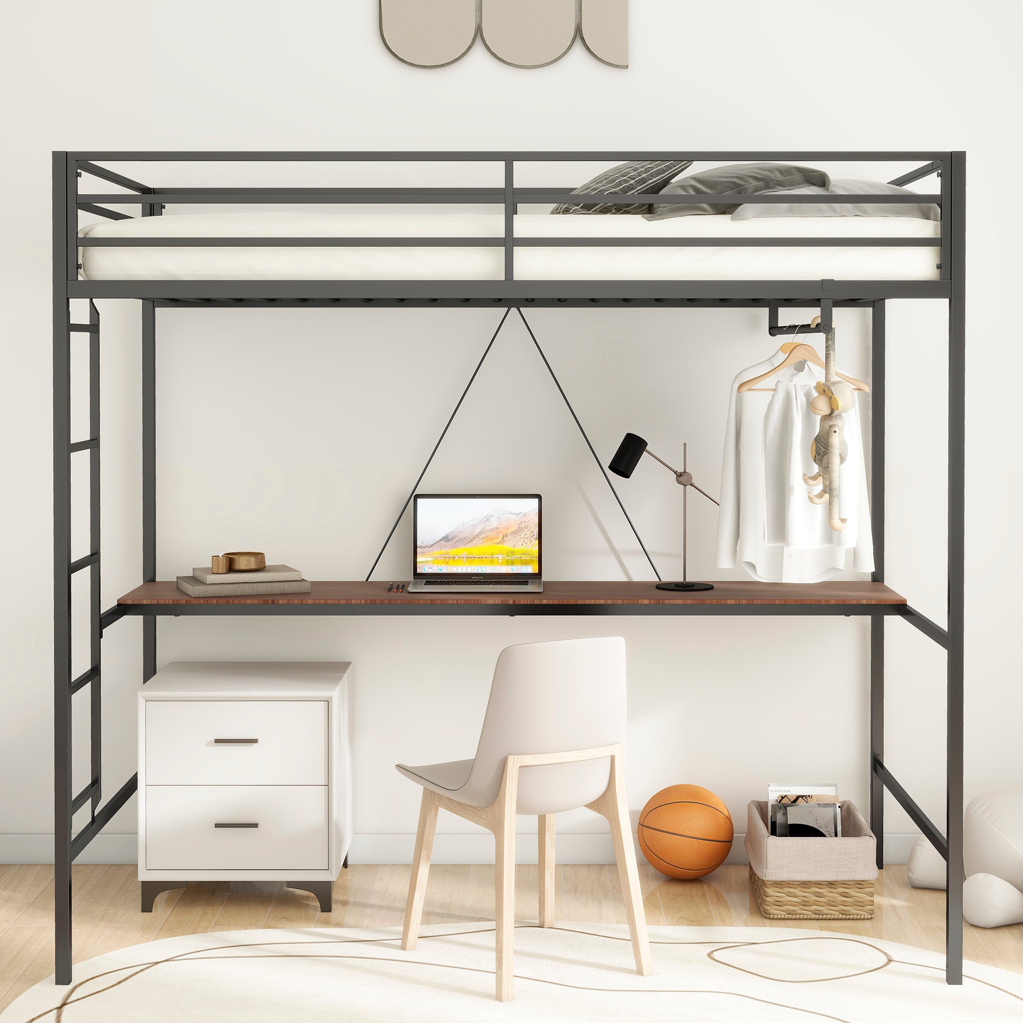 Adam Sturdy Twin Loft Bunk Black with Cinnamon Wood Desk and Closet Rod for Adult and Kids, and Easy Climbing with Sturdy Ladder, Space Saving