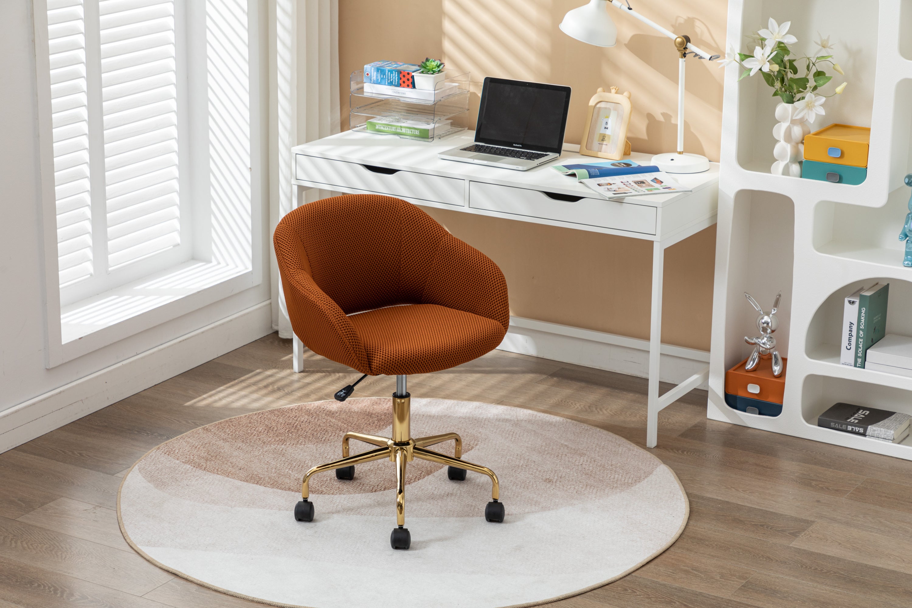 047-Mesh Fabric Home Office 360°Swivel Chair Adjustable Height With Gold Metal Base,Caramel