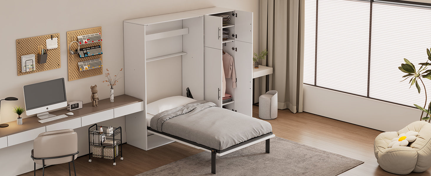 Twin Size Murphy Bed with Lockers and Wardrobes, White