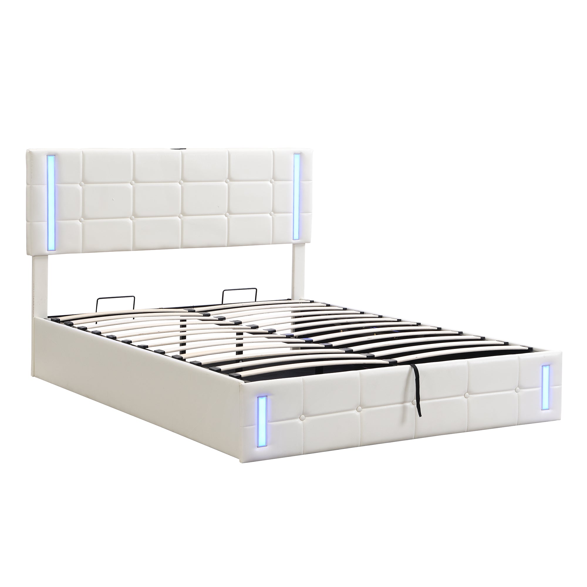 Full Size Upholstered Bed with LED Lights,Hydraulic Storage System and USB Charging Station,White