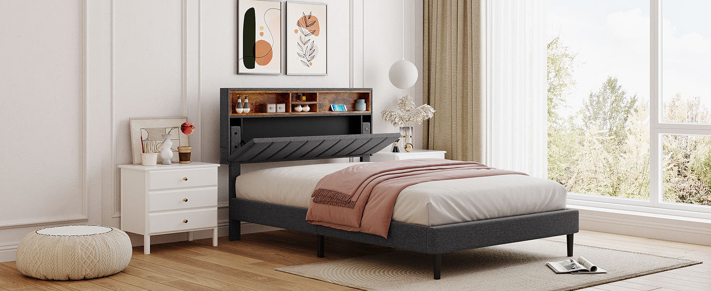 Full size Upholstered Platform Bed with Storage Headboard and USB Port,  Linen Fabric Upholstered Bed (Gray)