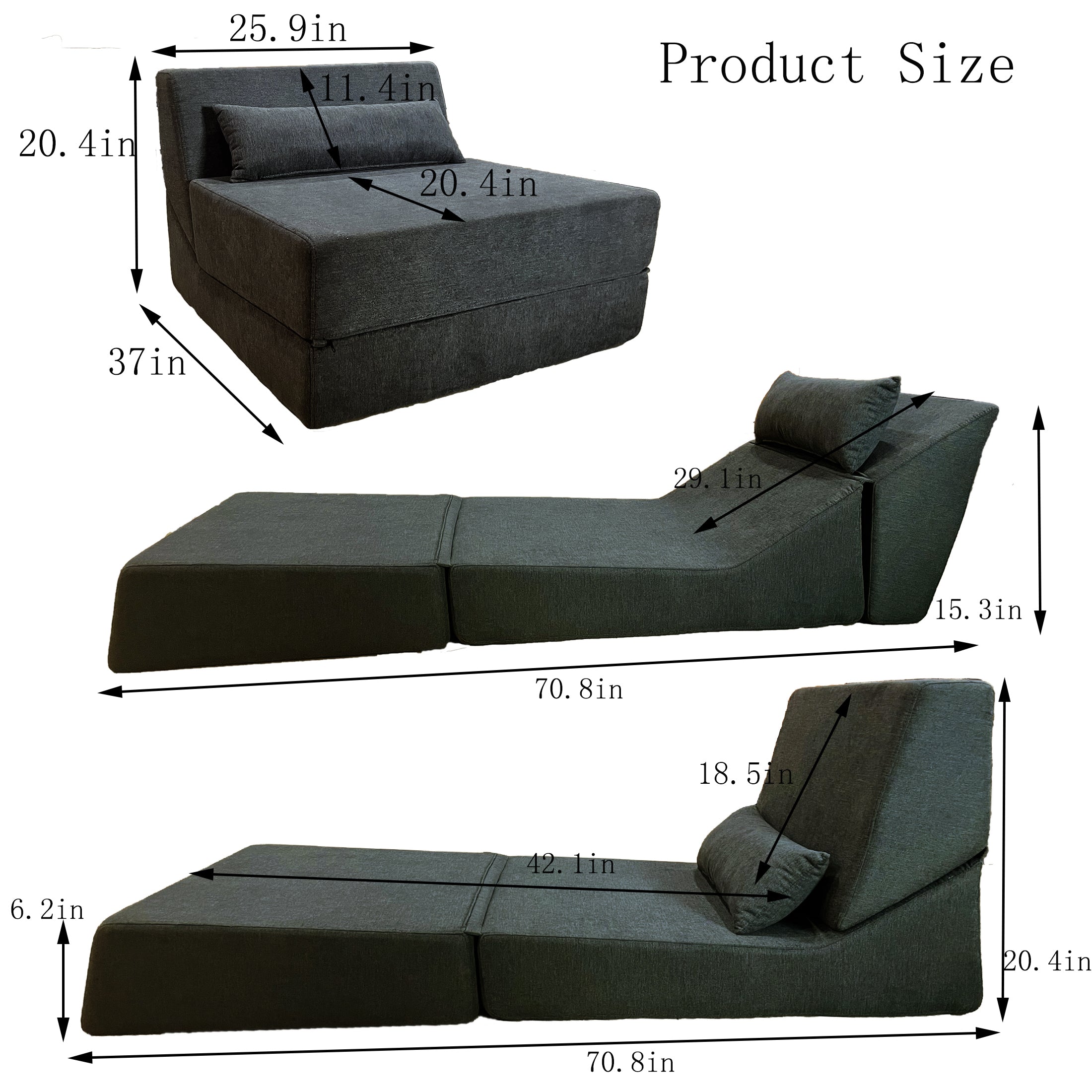 Three in one folding sofa, convertible bed, easy to carry outdoors, suitable for living room, bedroom, lounge, outdoor (Dark Grey)