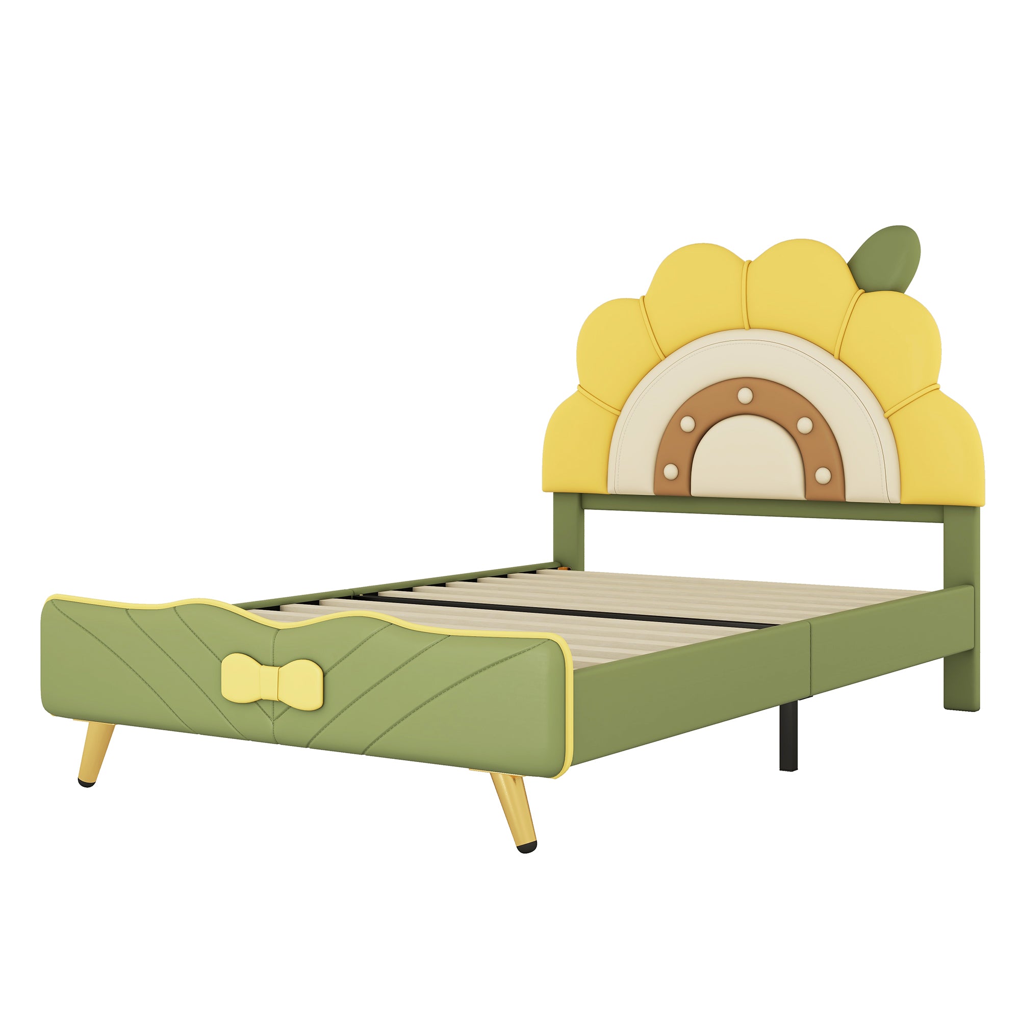 Twin Size Upholstered Platform Bed with Sunflower Shaped Headboard, Green