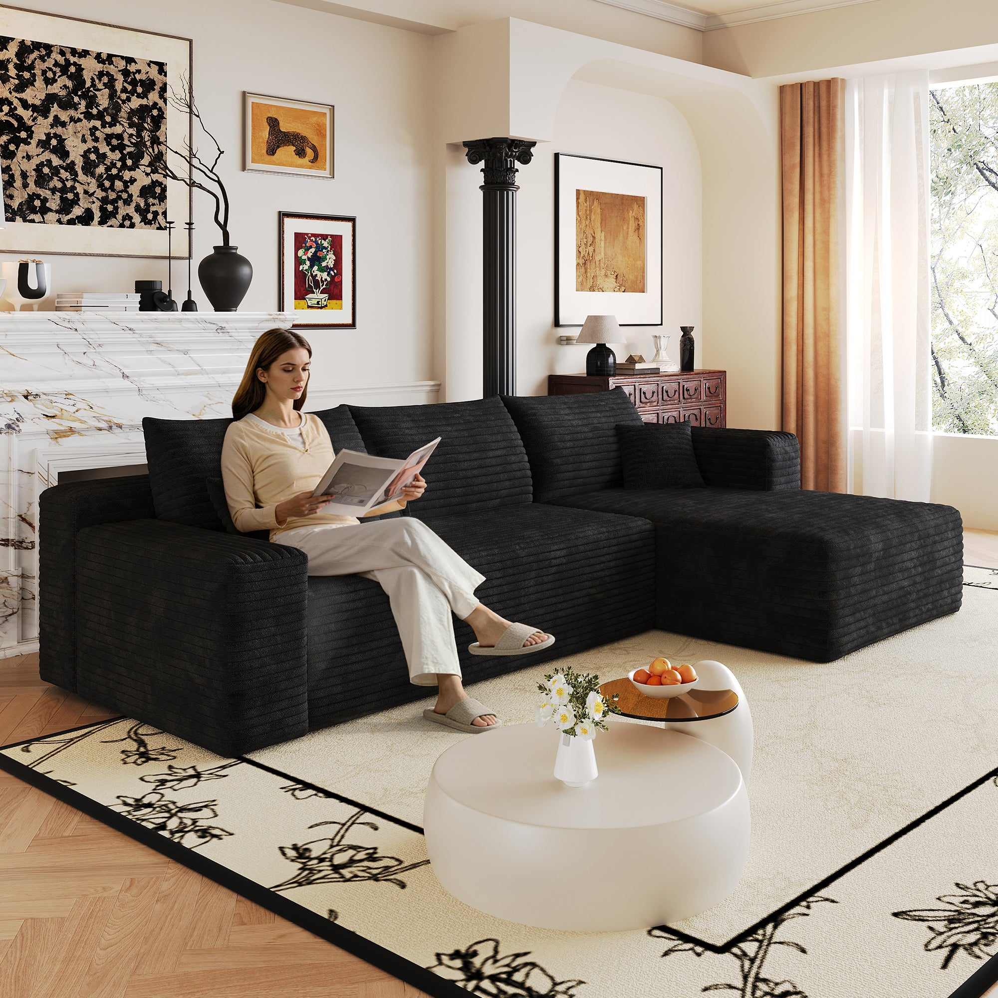 Black corduroy sectional sofa deep-seat corner couch, angled view